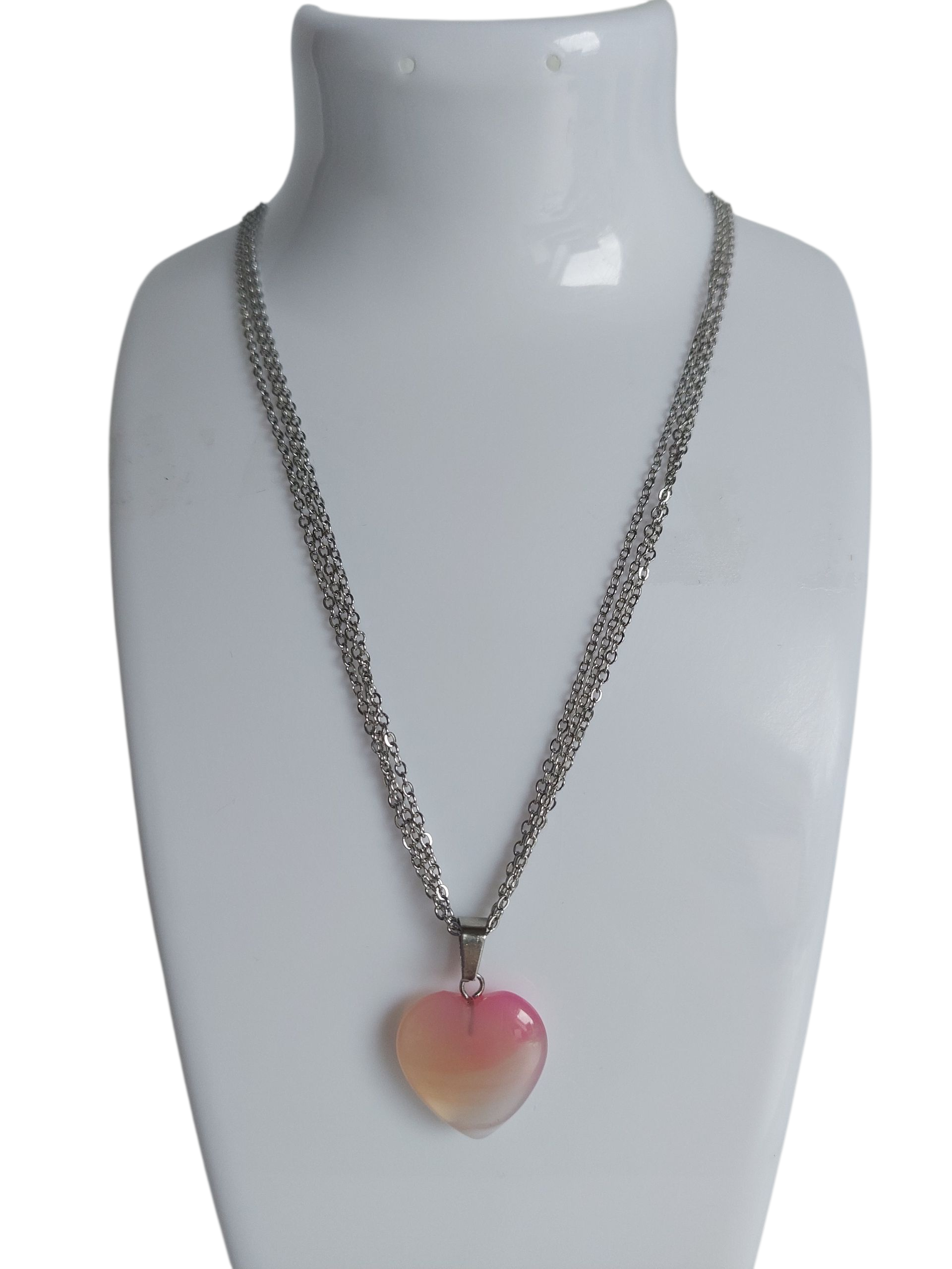 Zilveren 3-Laags Ketting Dames RVS Roze Natuursteen Hart Hanger