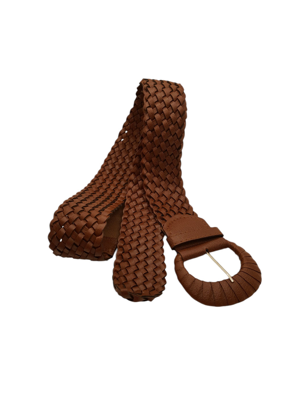 Gevlochten Damesriem Bruin Elastisch Kunstleer Ronde Gesp 120cm