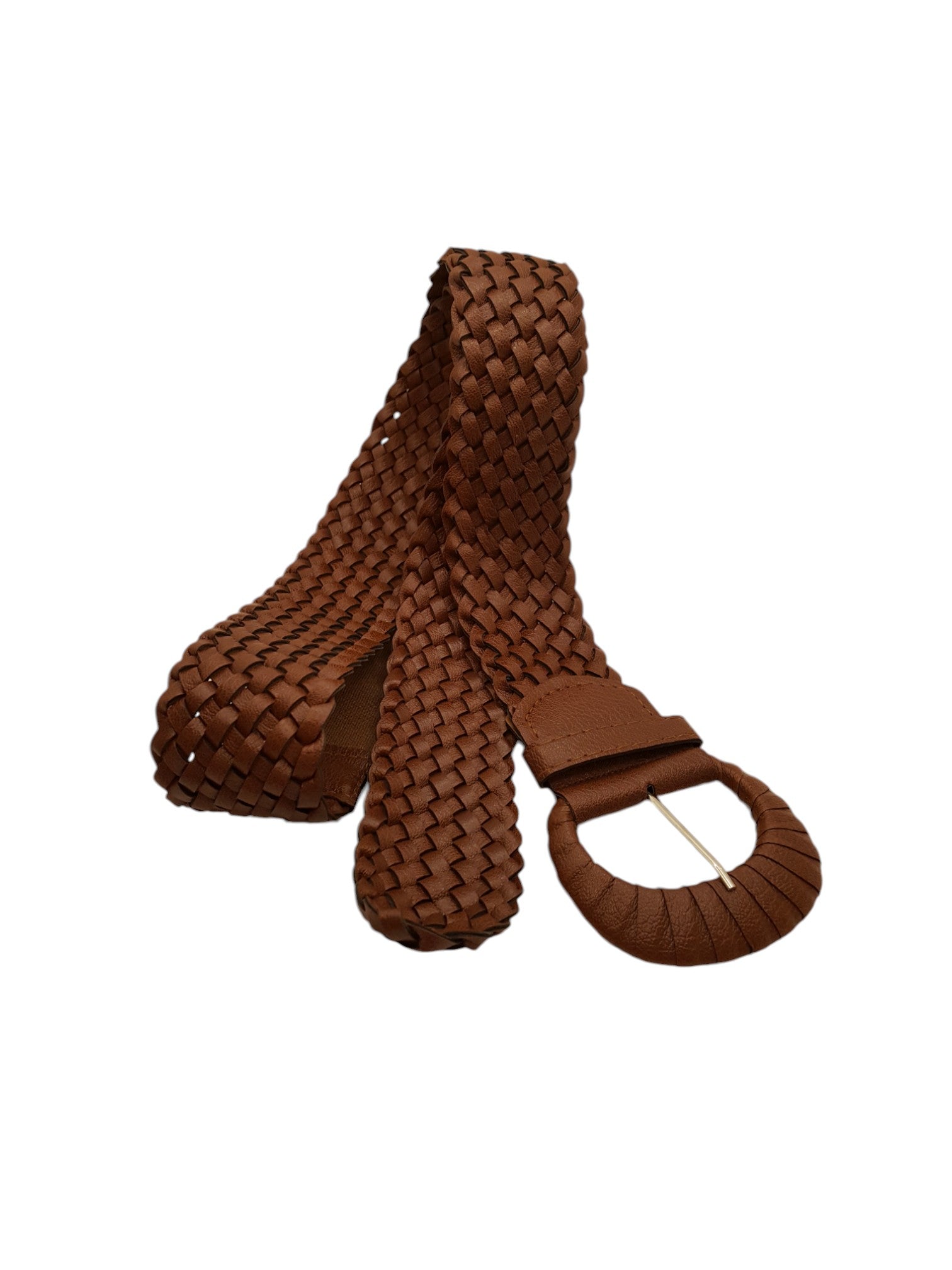 Gevlochten Damesriem Bruin Elastisch Kunstleer Ronde Gesp 120cm