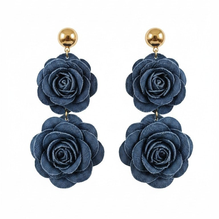 Denim dubbele bloem oorbellen paar - gouden oorstekers