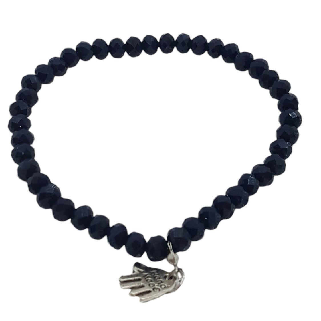Donkerblauwe Elastische Kralenarmband Dames Facetgeslepen Kristal Zilveren Hamsa Handmade