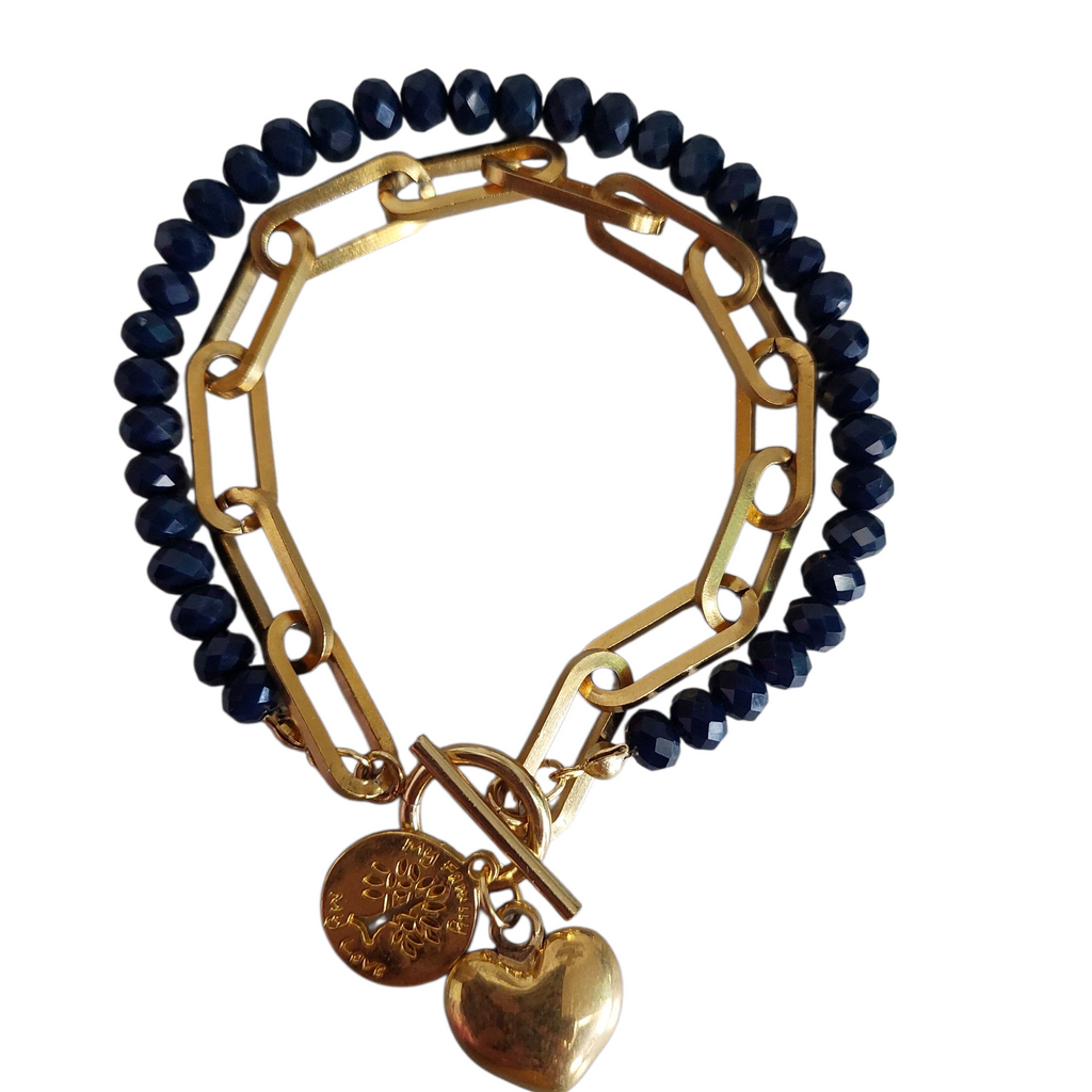 Dubbele Armband Dames Goud Roestvrij Staal Donkerblauwe Kristalkralen Hartbedel