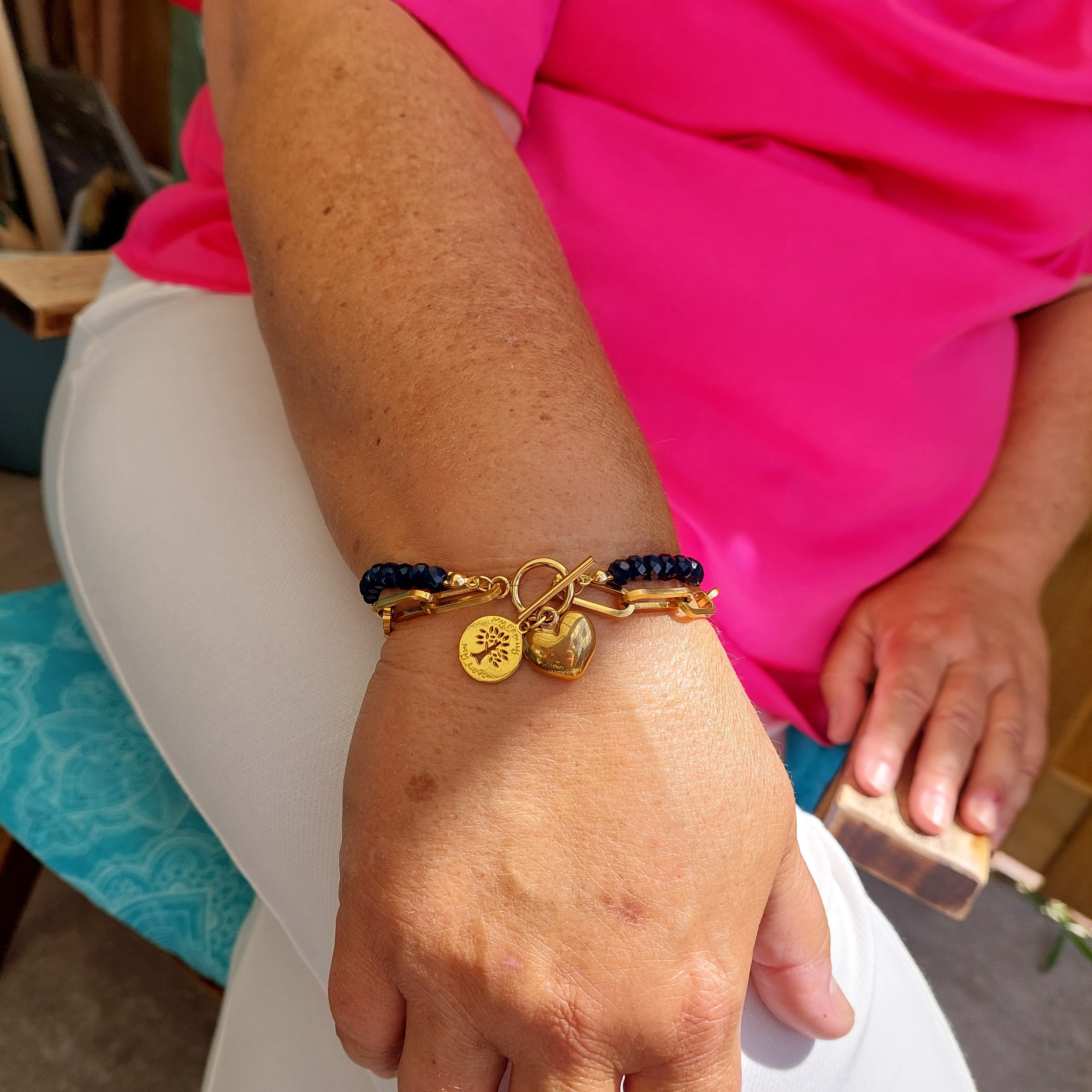 Dubbele Armband Dames Goud Roestvrij Staal Donkerblauwe Kristalkralen Hartbedel