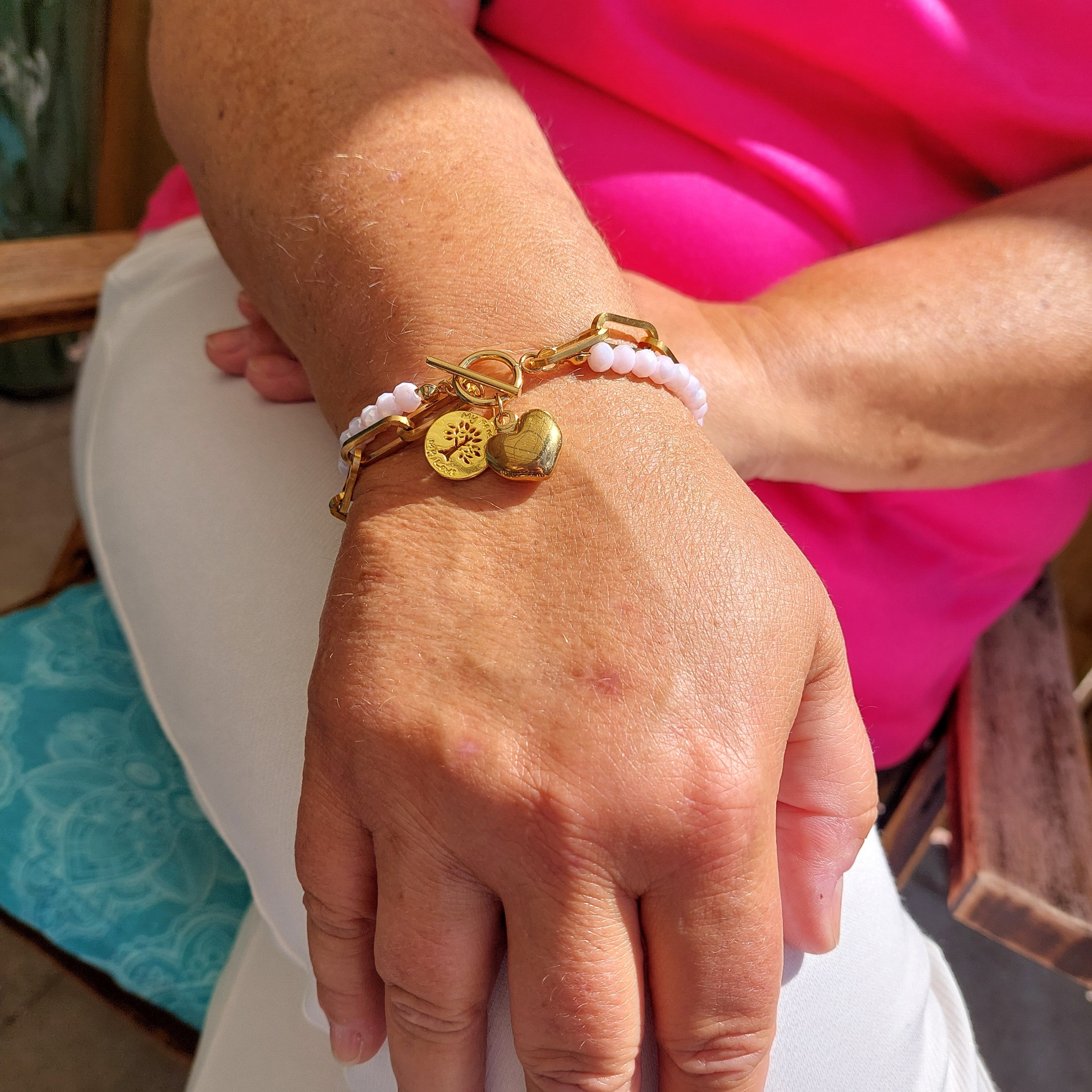 Dubbele Schakelarmband Dames Goud RVS Roze Kristalkralen Hartbedel