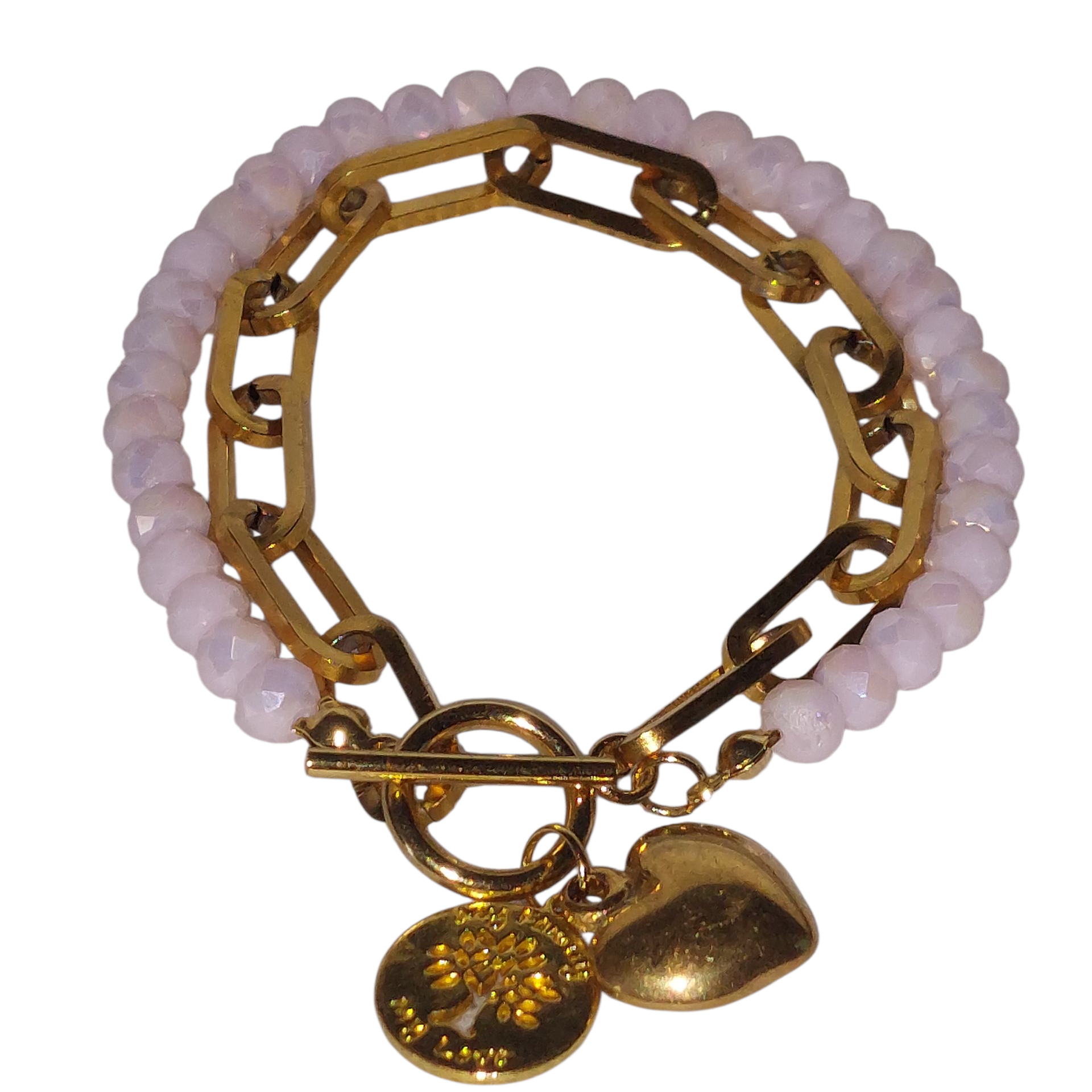 Dubbele Schakelarmband Dames Goud RVS Roze Kristalkralen Hartbedel