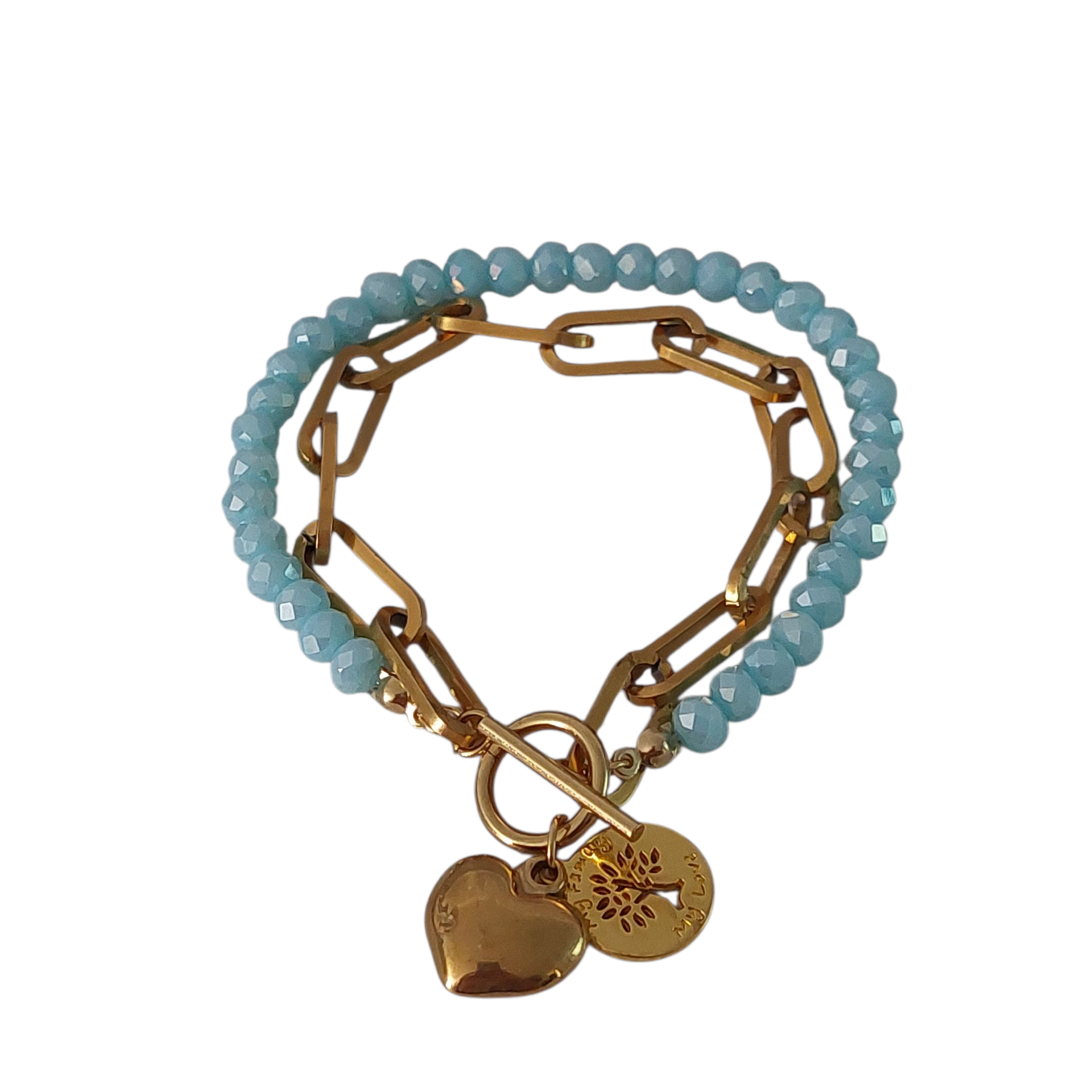 Dubbele Schakelarmband Dames Goud RVS Lichtblauwe Kristalkralen Levensboom