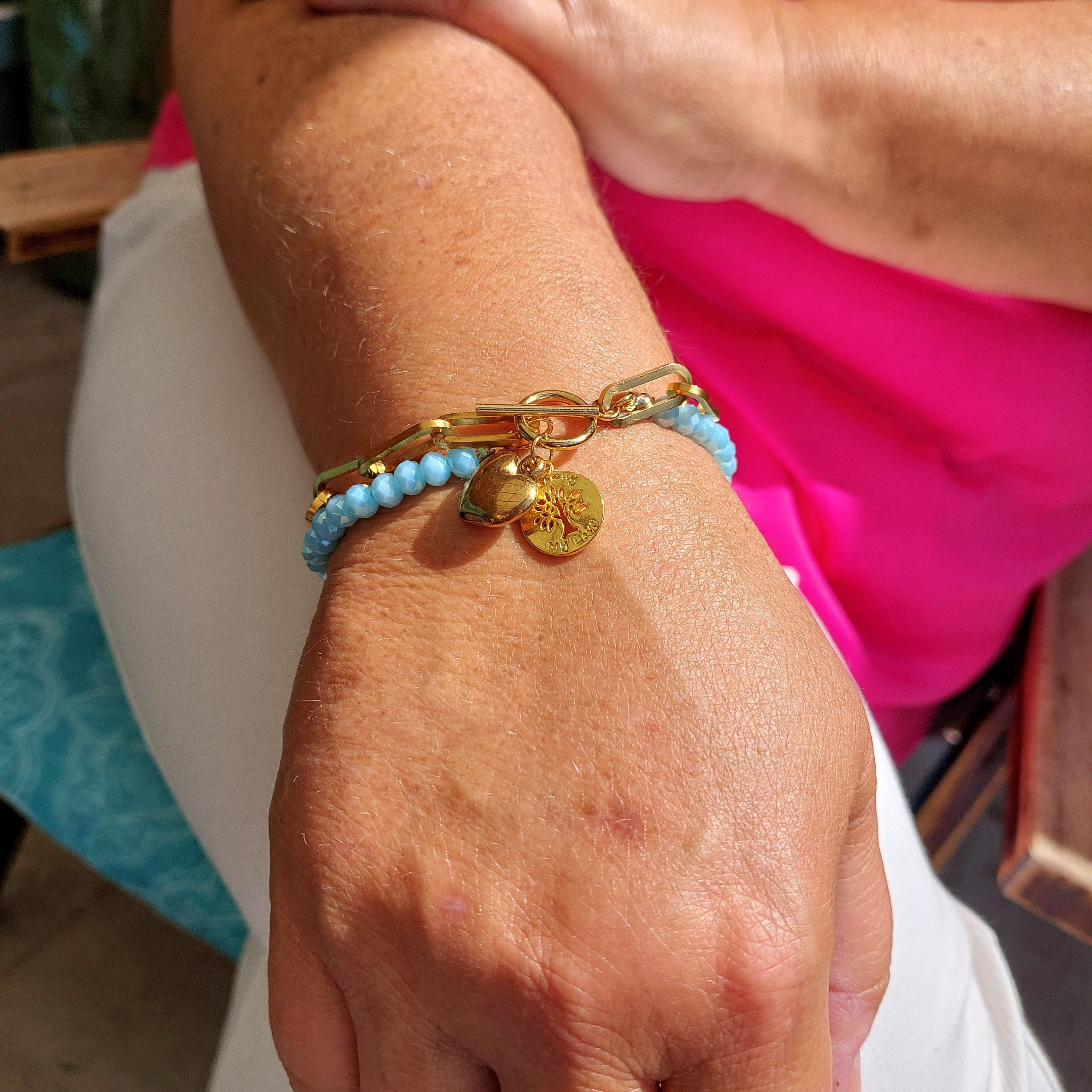 Dubbele Schakelarmband Dames Goud RVS Lichtblauwe Kristalkralen Levensboom