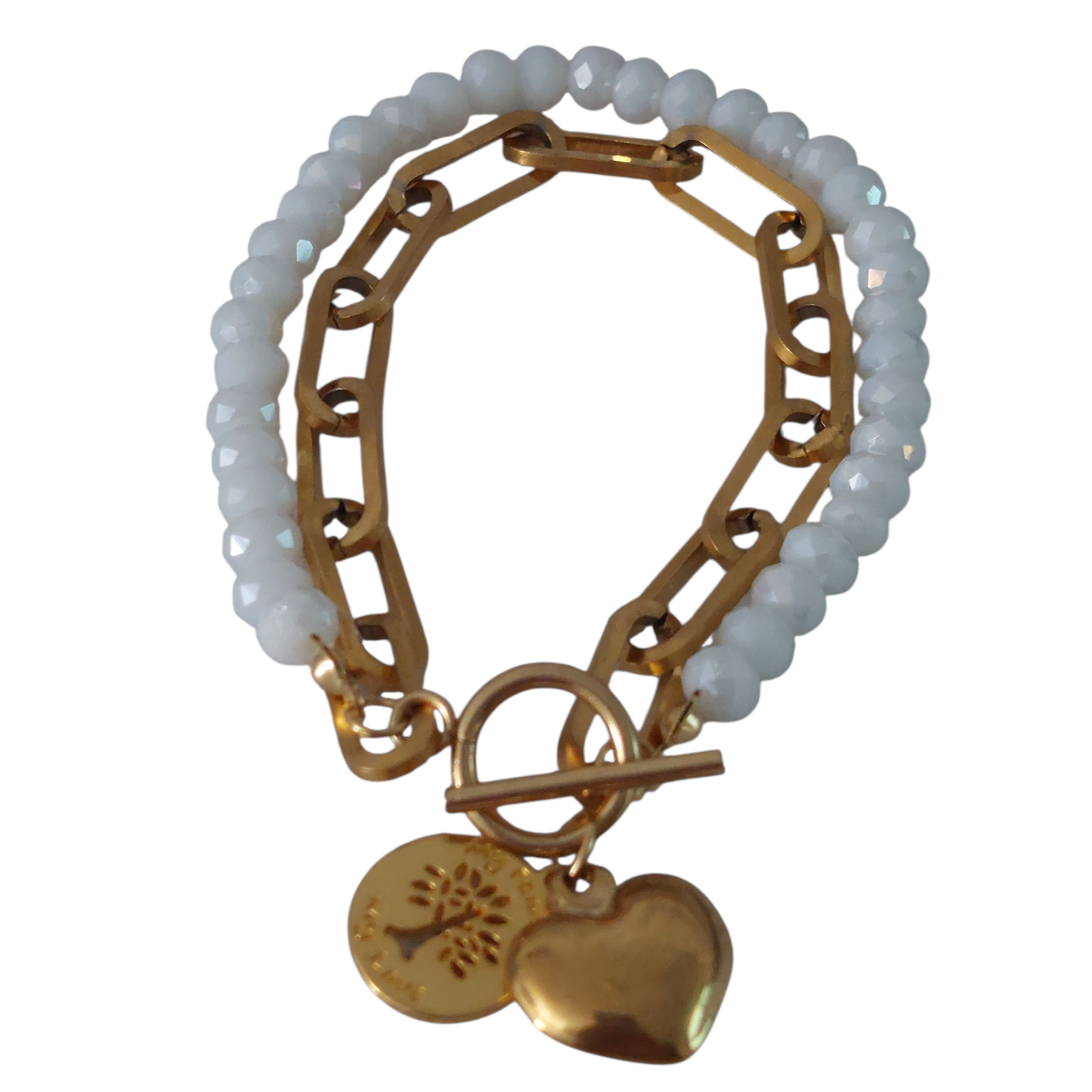 Dubbele Schakelarmband Dames Goud RVS Witte Kristalkralen Levensboom