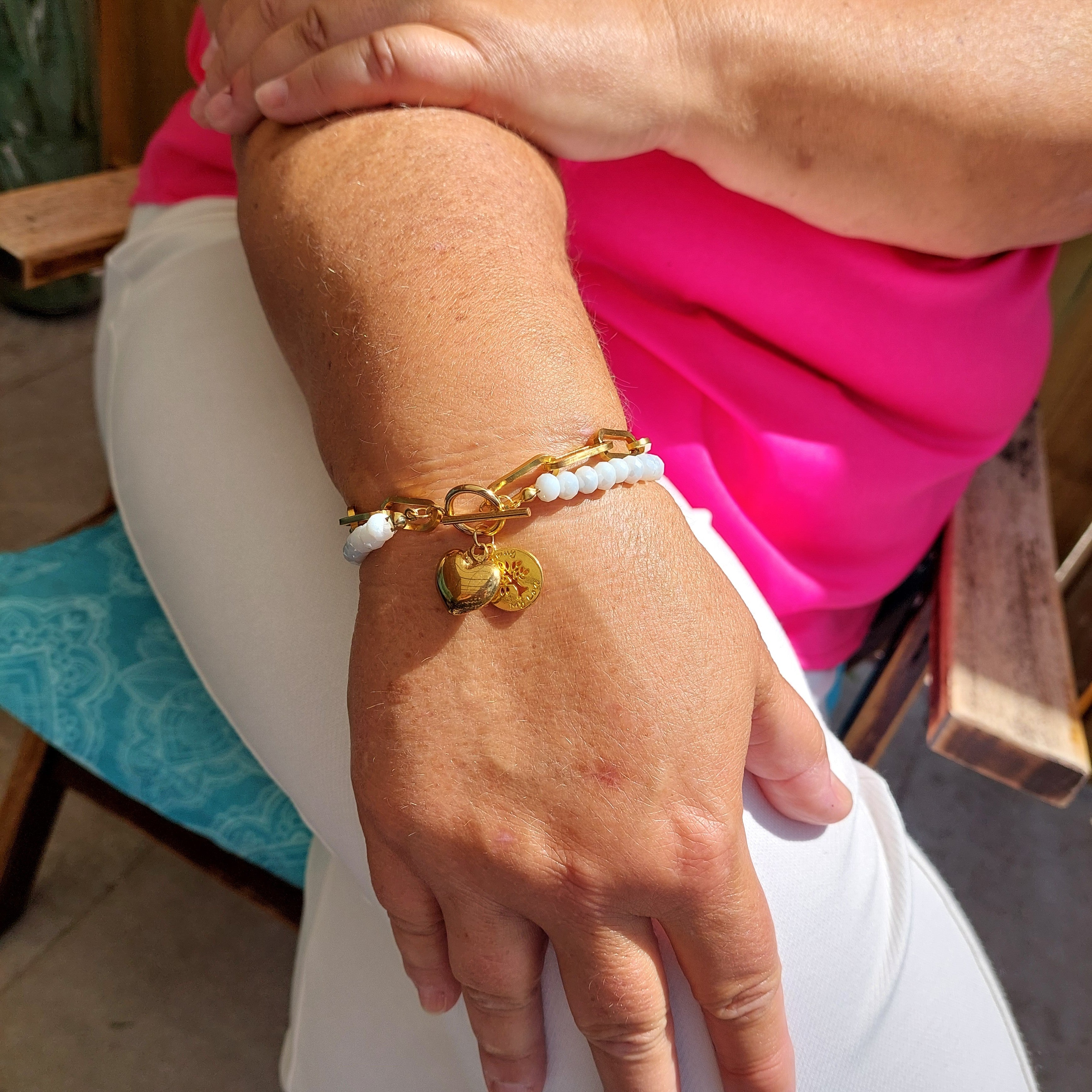 Dubbele Schakelarmband Dames Goud RVS Witte Kristalkralen Levensboom