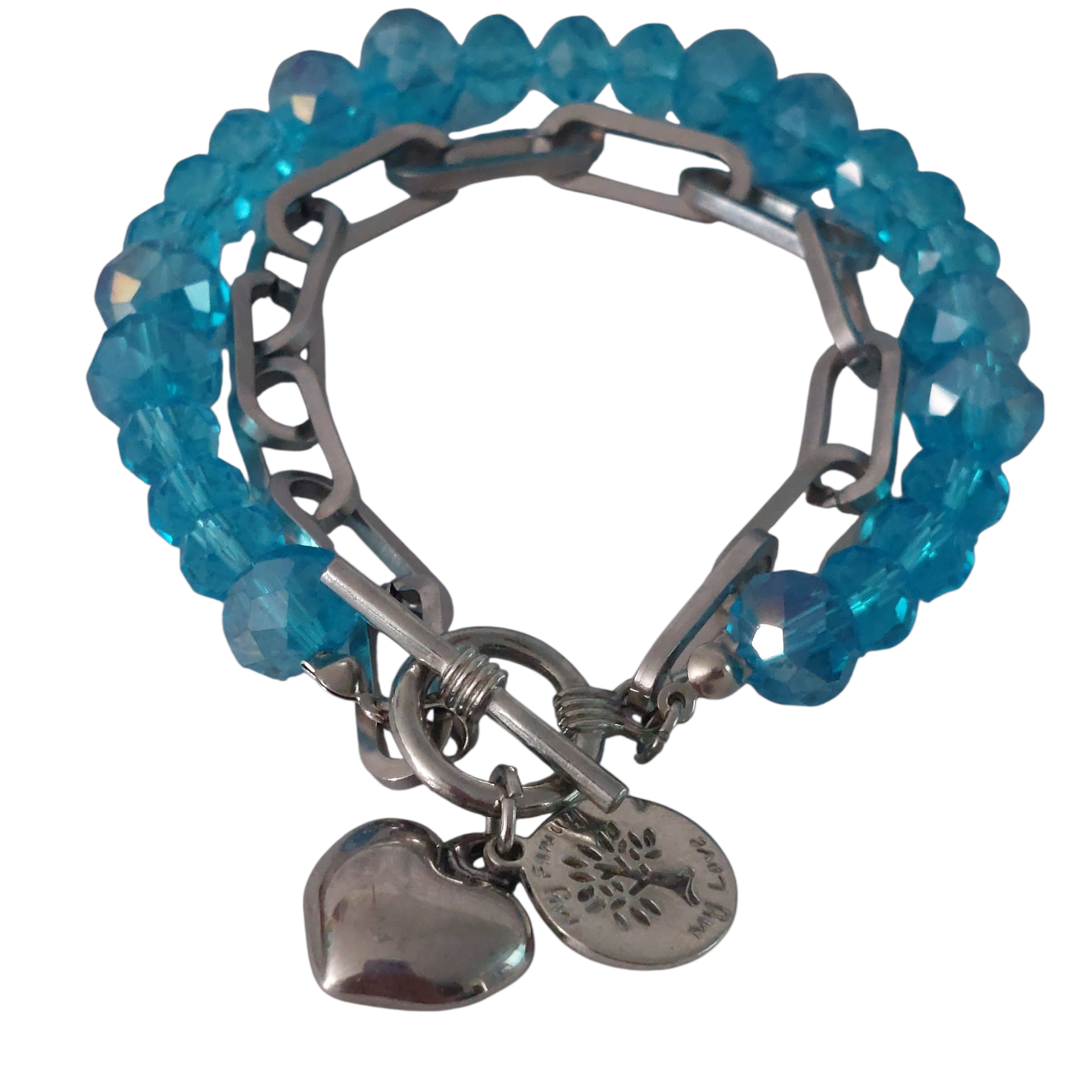 Dubbele Schakelarmband Dames Zilver RVS Turquoise Kristalkralen Levensboom