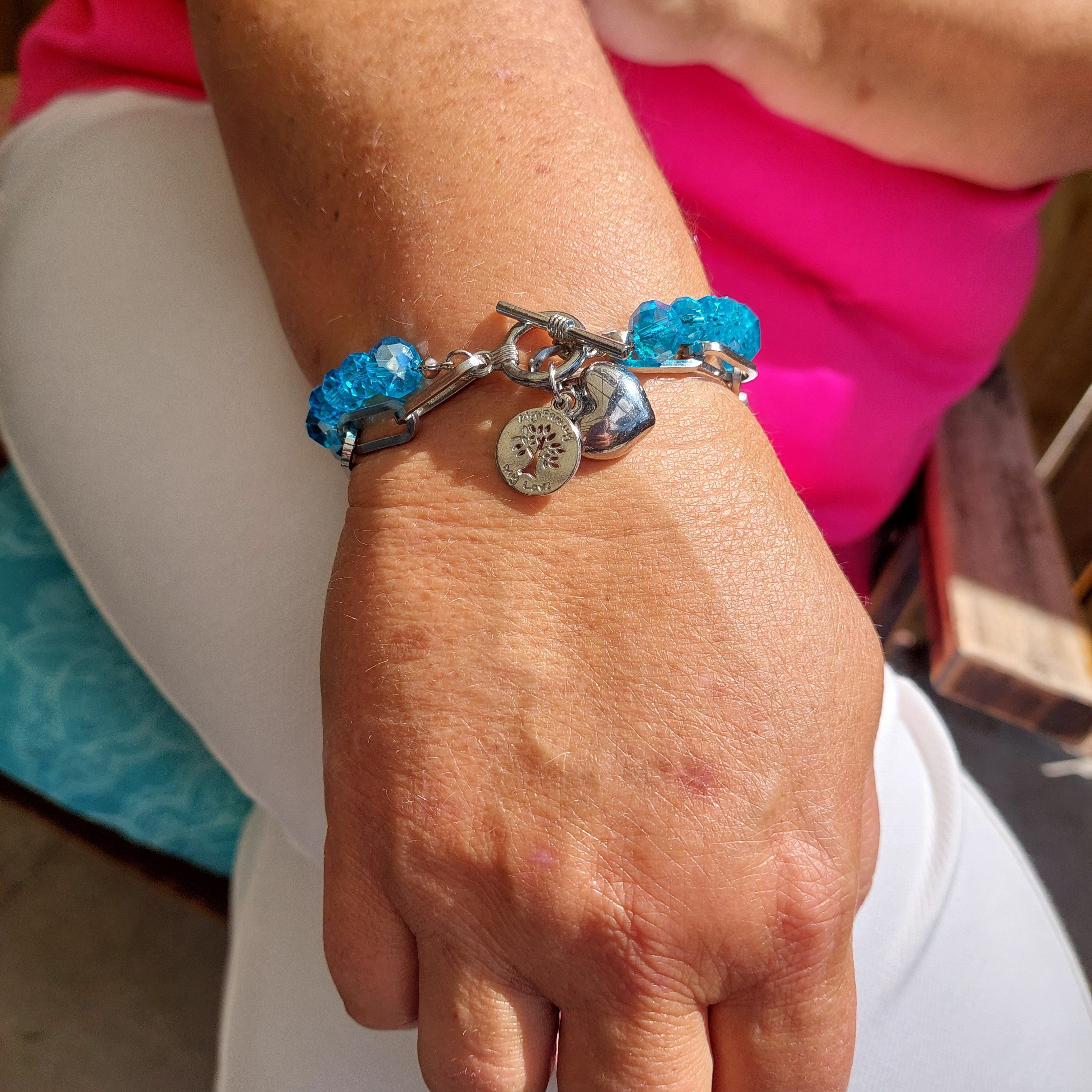 Dubbele Schakelarmband Dames Zilver RVS Turquoise Kristalkralen Levensboom