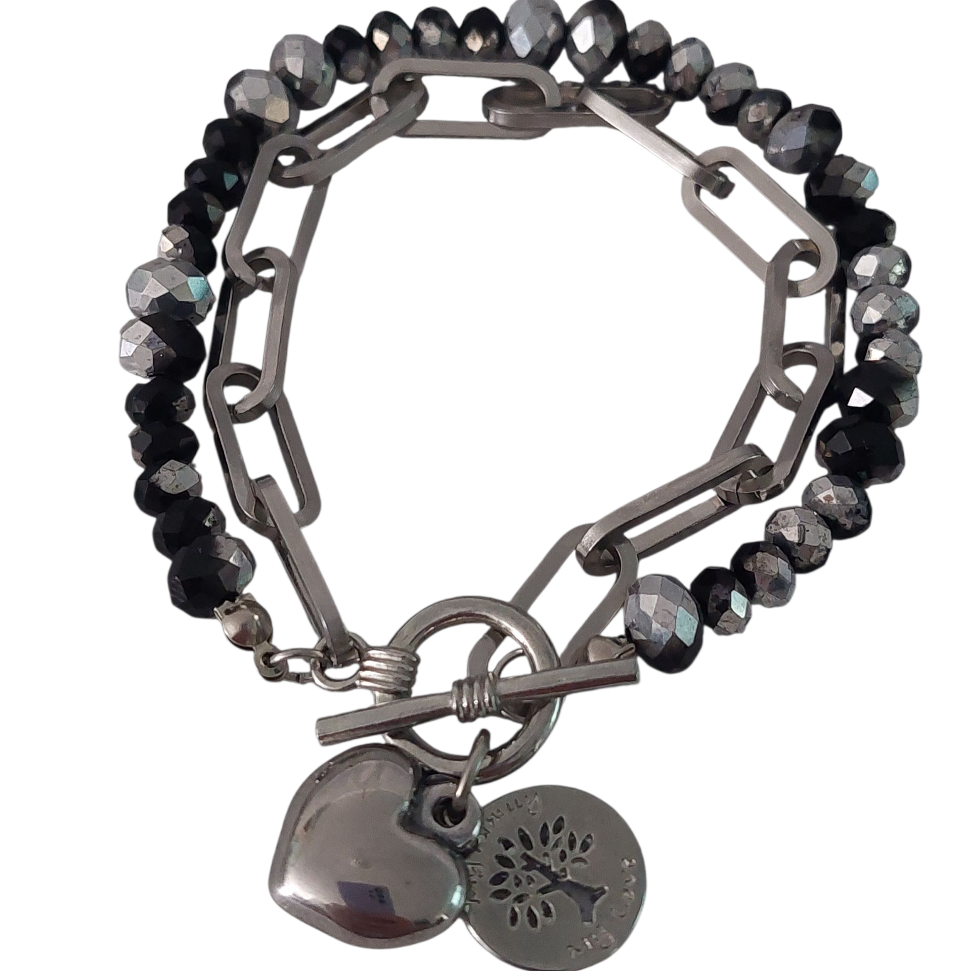 Dubbele Schakelarmband Dames Zilver RVS Zwart-Zilveren Kristalkralen