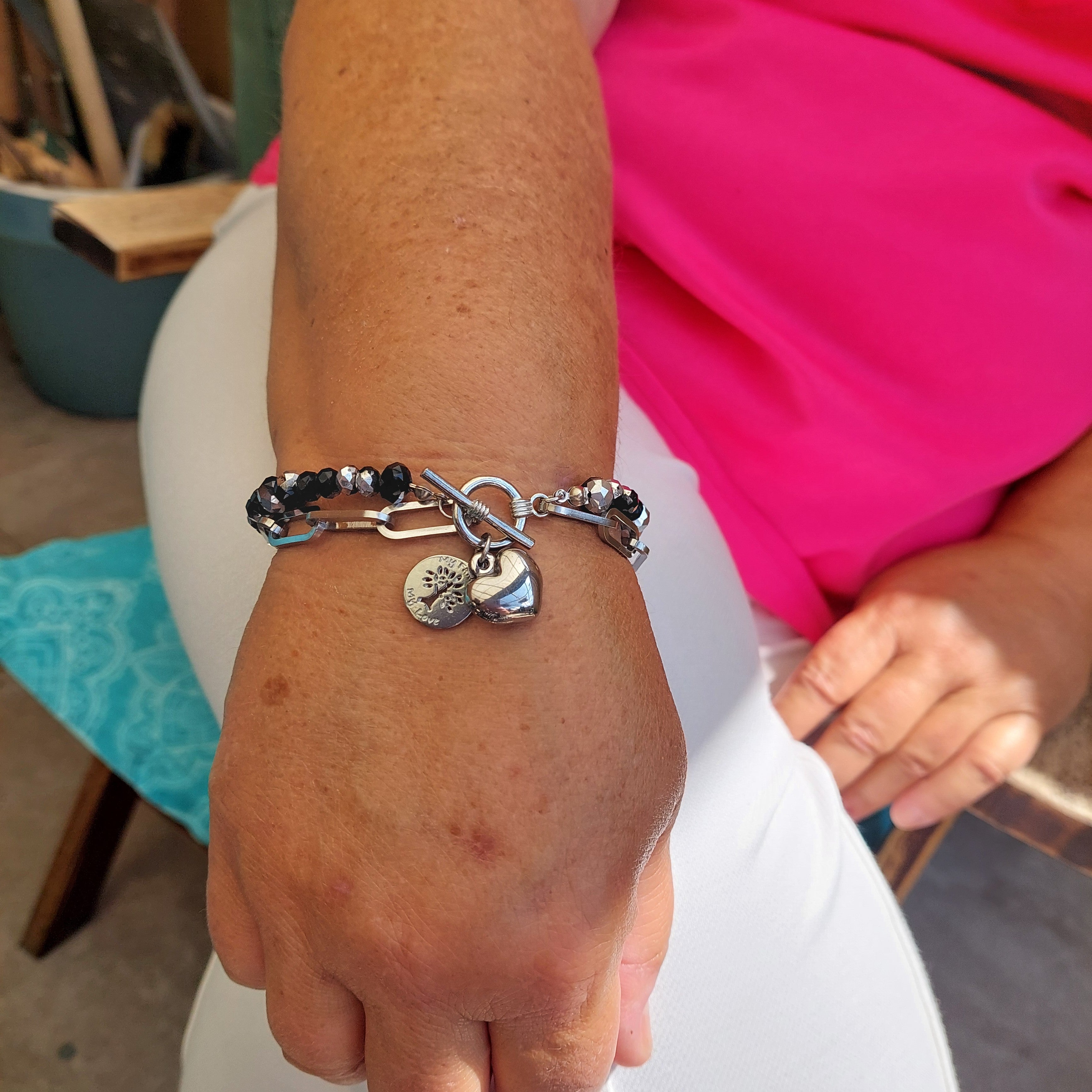 Dubbele Schakelarmband Dames Zilver RVS Zwart-Zilveren Kristalkralen