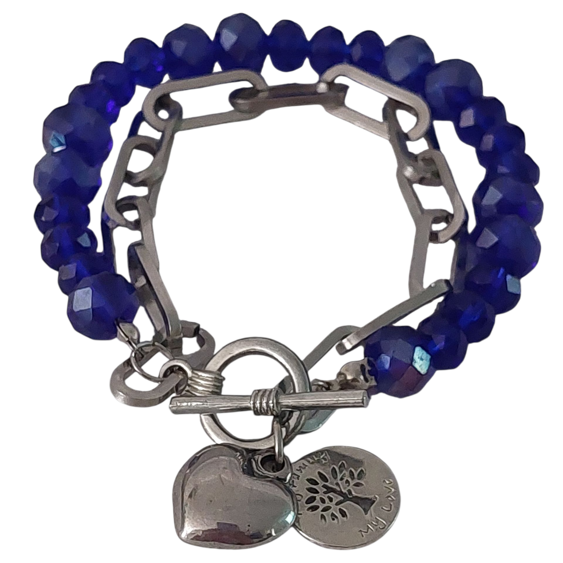 Dubbele Schakelarmband Dames Zilver RVS Kobaltblauwe Kristalkralen Levensboom