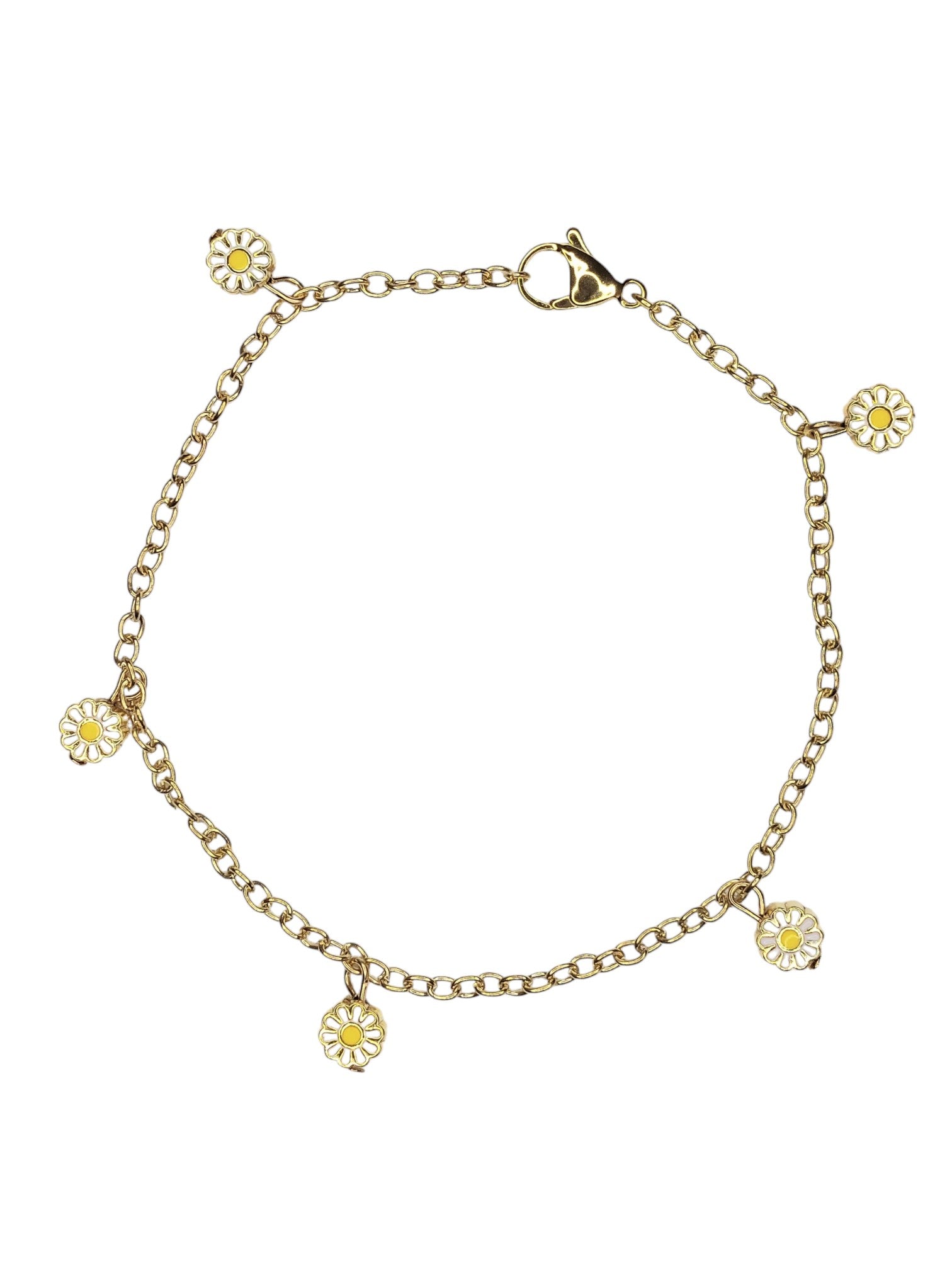 Gouden Enkelbandje Dames RVS Schakelketting Witte Madeliefjes Emaille Bedels