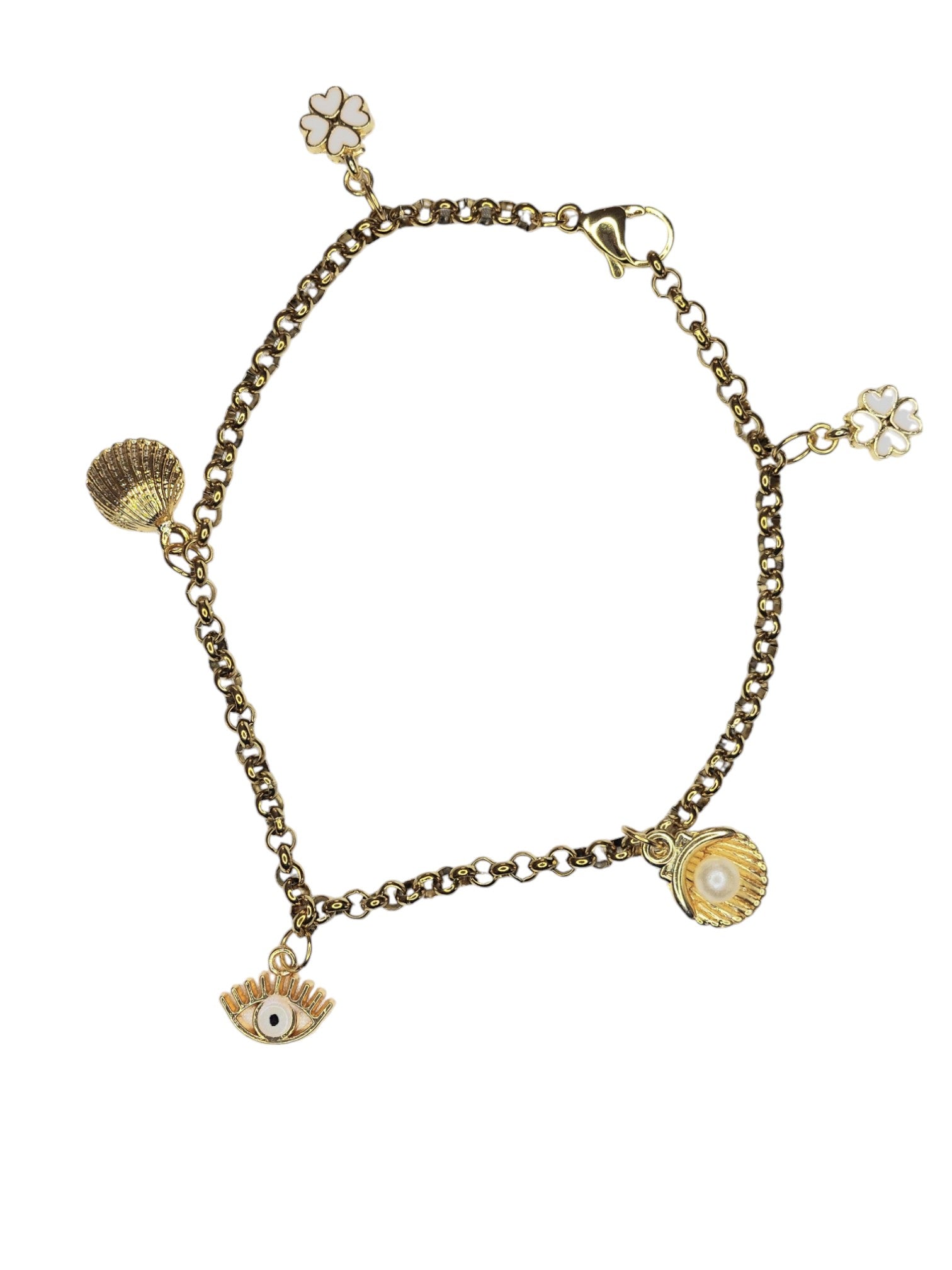 Gouden Enkelbandje Dames RVS Boho Klavertje Evil Eye Schelp Parel Bedels