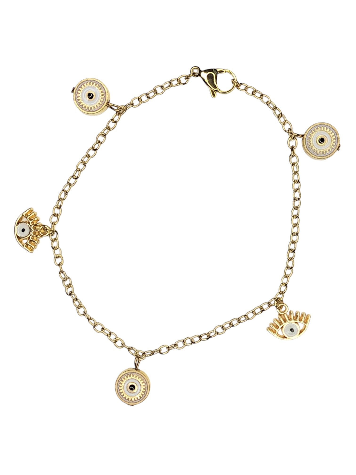 Gouden Enkelbandje Dames RVS Schakelketting Witte Evil Eye Bedels