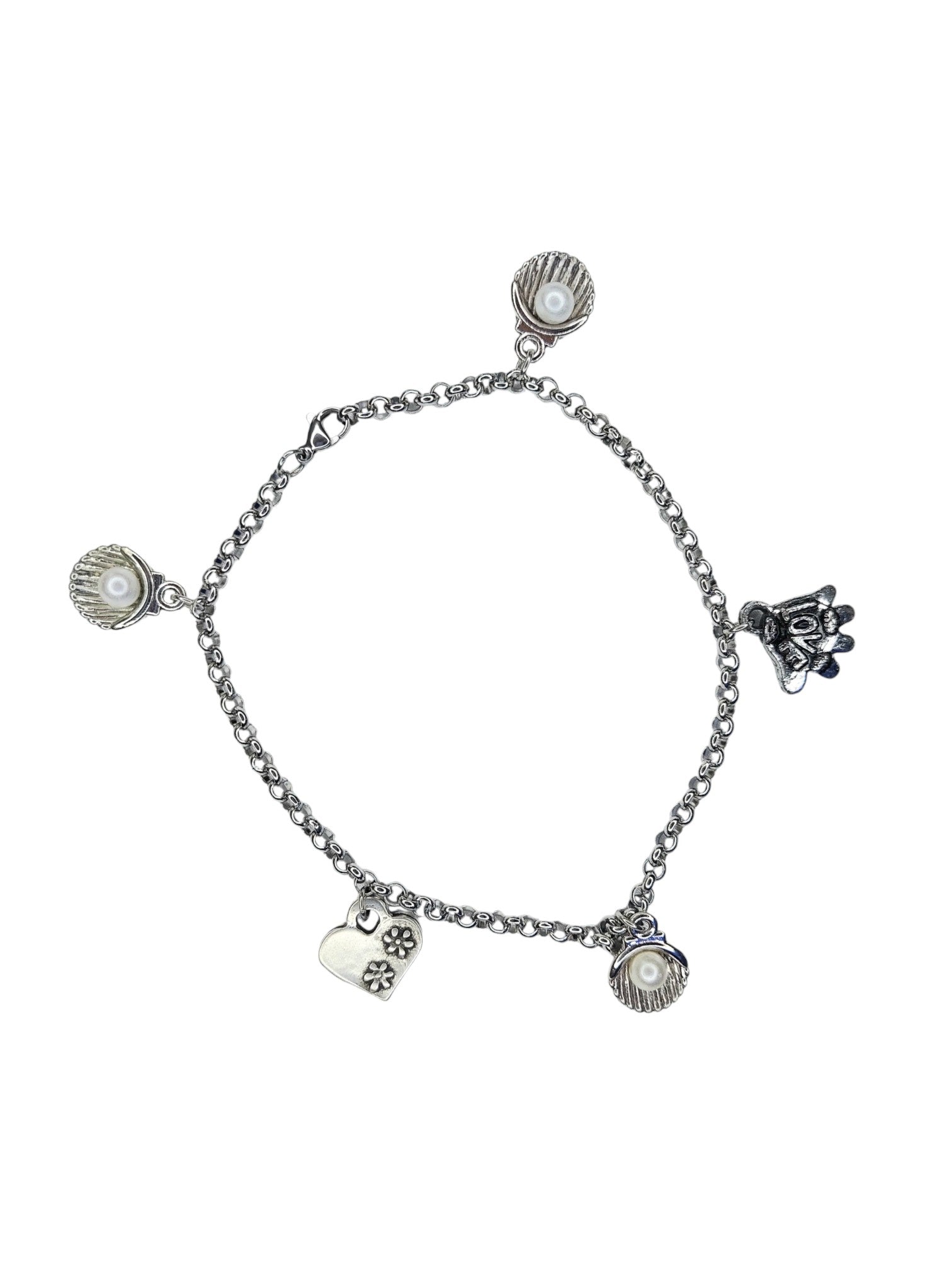 Zilveren Enkelbandje Dames RVS Schakelketting Love Schelpen Parel Hart Bedels