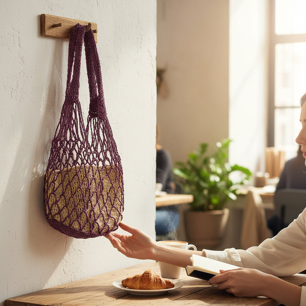 Gehaakte Nettas met Binnentas Paars Aubergine Naturel Papiergaren Handgemaakt