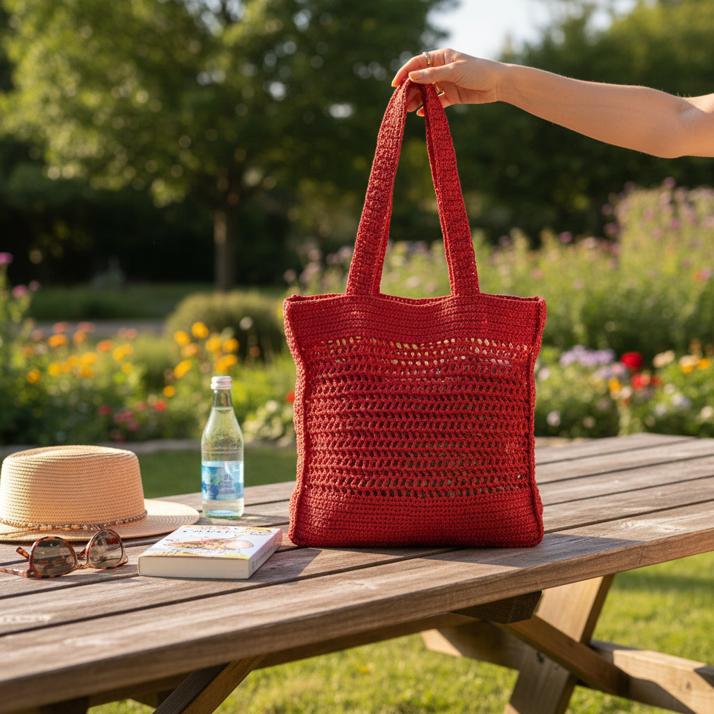 Gehaakte Shopper Rood Papiergaren Handgemaakt 44x38cm