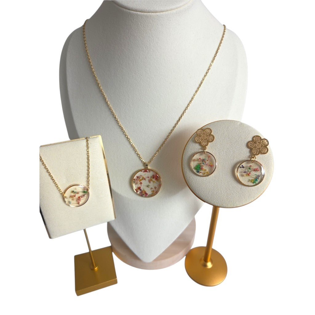 Gedroogde bloemen sieradenset goud - ketting, armband en oorbellen