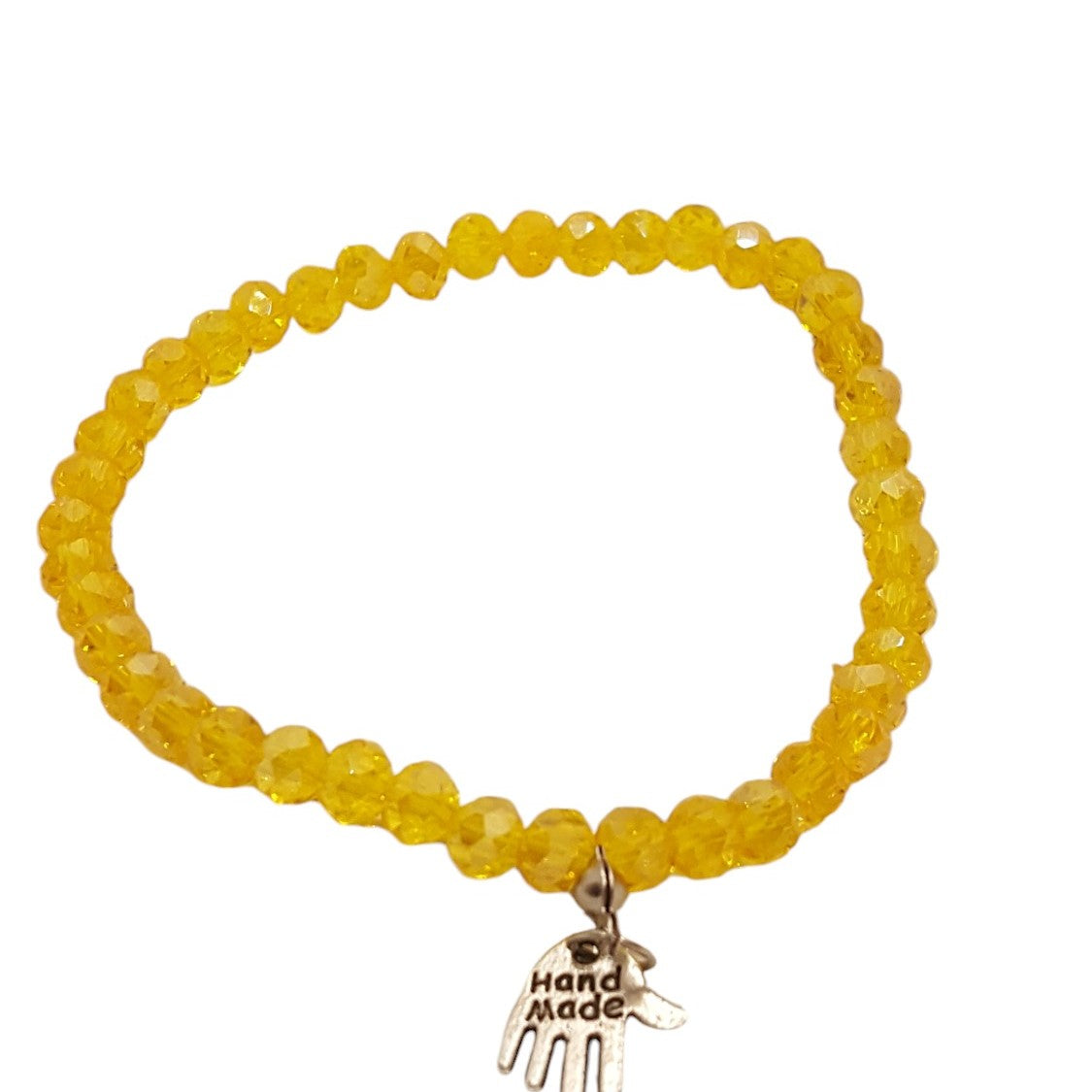 Gele Elastische Kralenarmband Dames Facetgeslepen Kristal Zilveren Hamsa Handmade