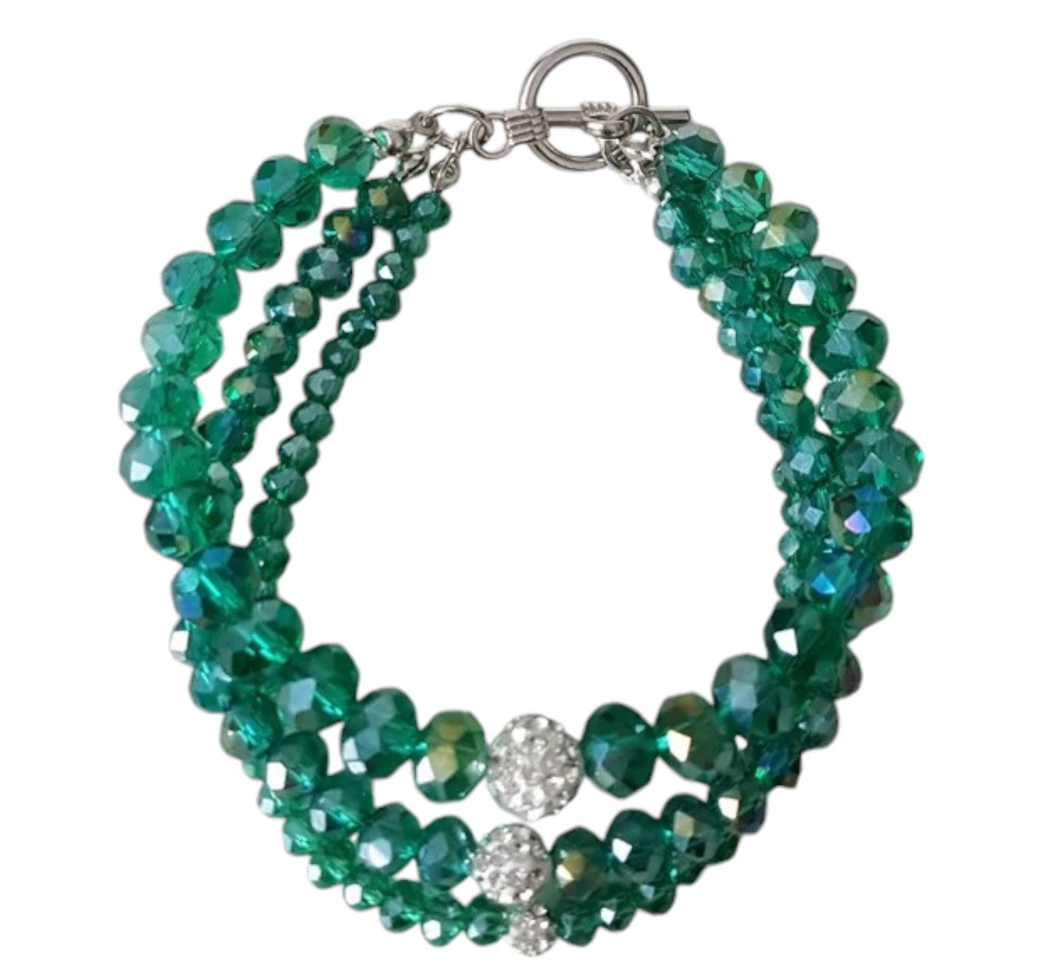 3-rijige groene kristalkralen armband met strass bolletjes en toggle sluiting