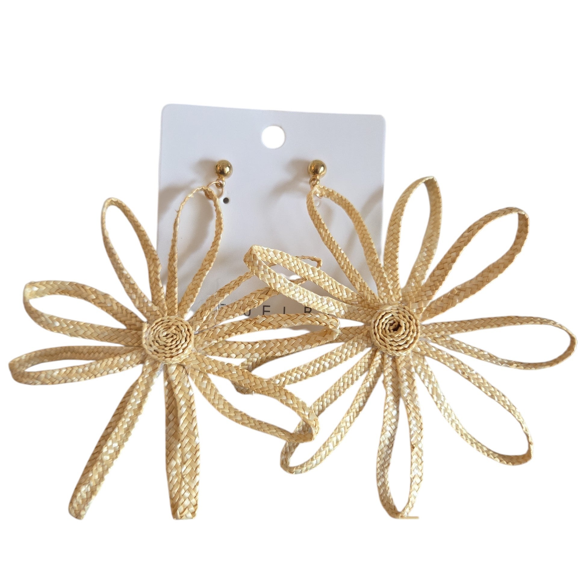 Raffia grote bloem oorbellen paar gouden oorsteker
