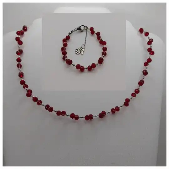 Kristalkralen sieraden set rood zilver - ketting en armband