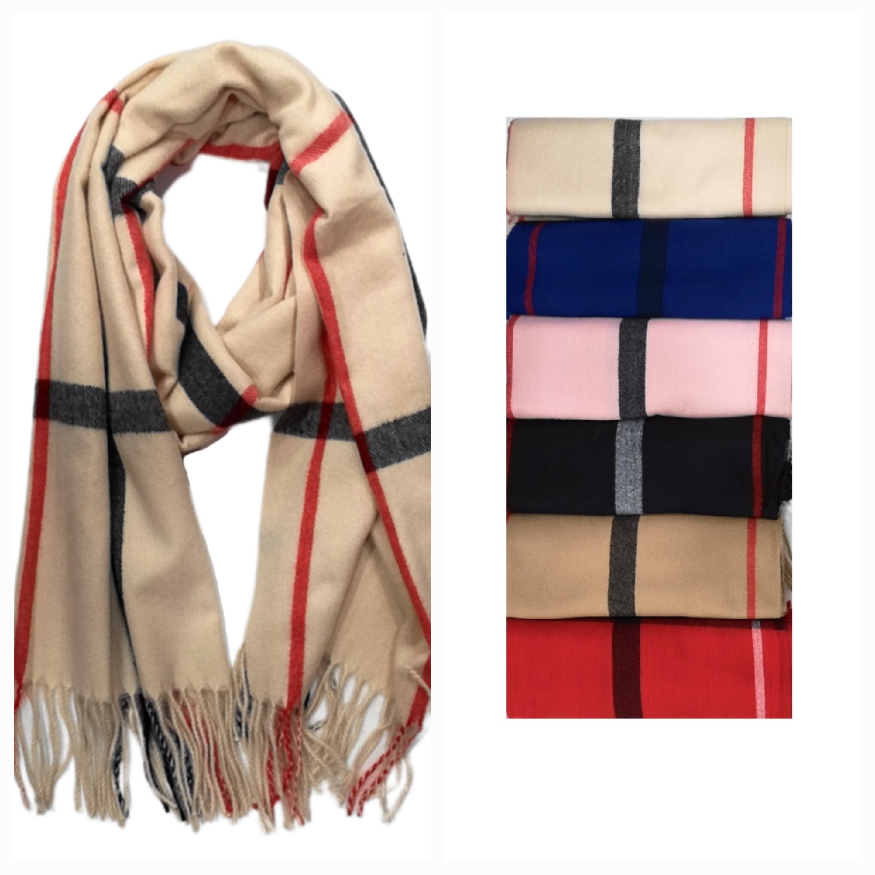 Dames Geblokte Sjaal met Franje Wol Viscose Geruit 70x180cm Wasbaar