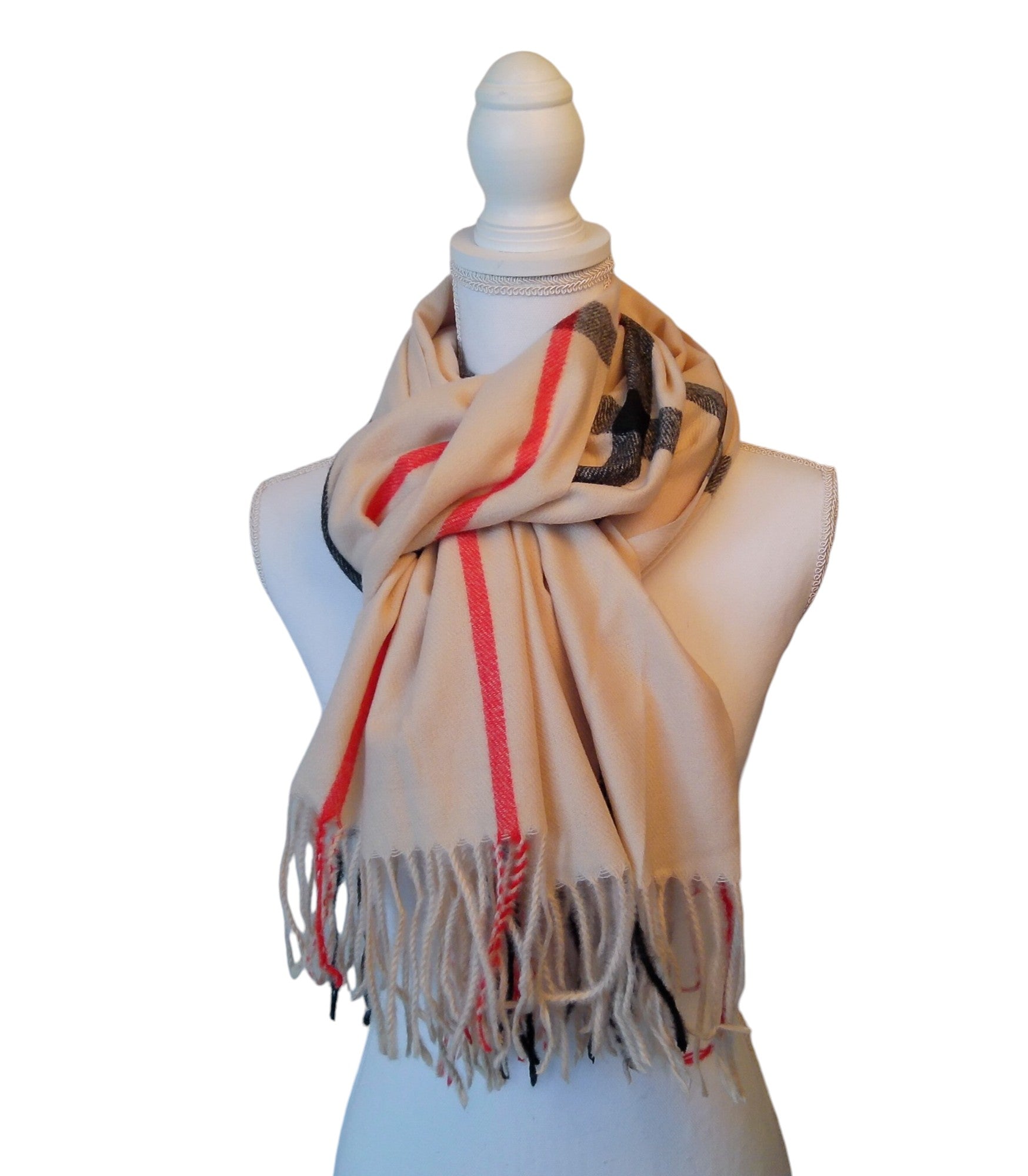 Dames Geblokte Sjaal met Franje Wol Viscose Geruit 70x180cm Wasbaar