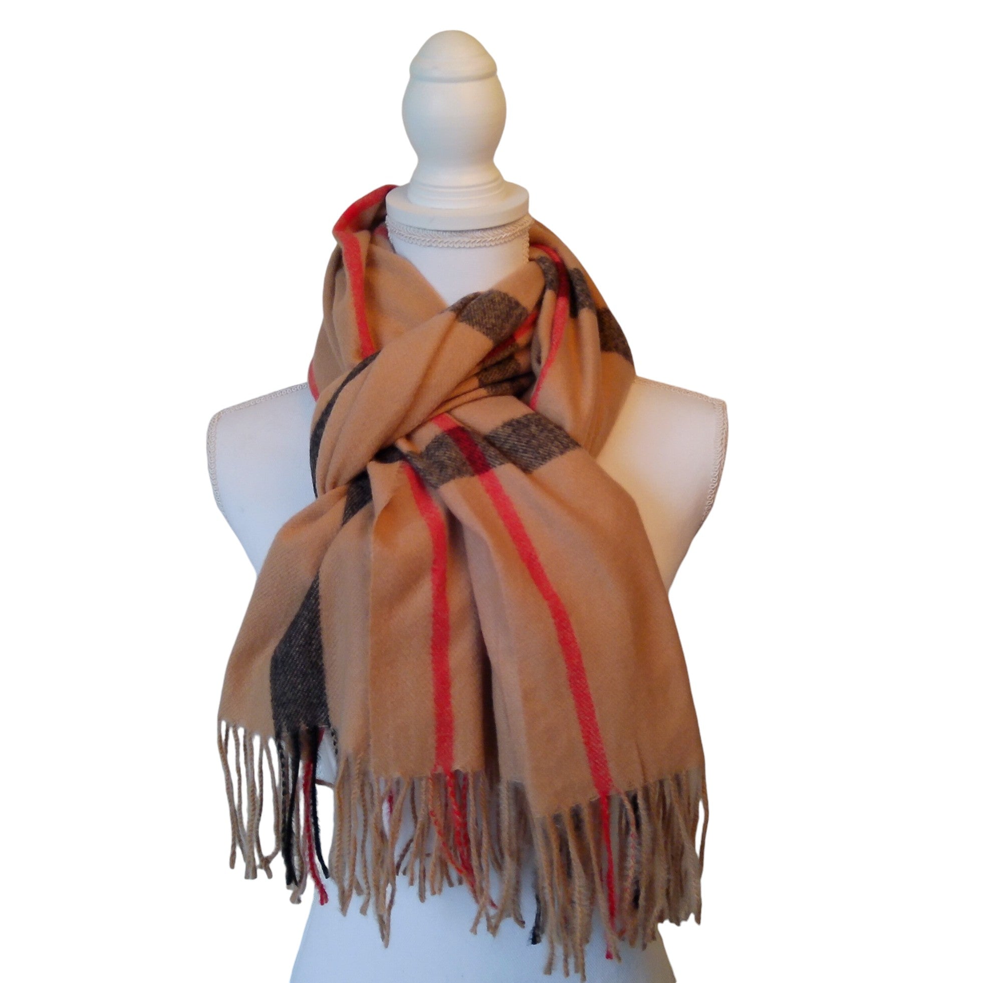 Dames Geblokte Sjaal met Franje Wol Viscose Geruit 70x180cm Wasbaar