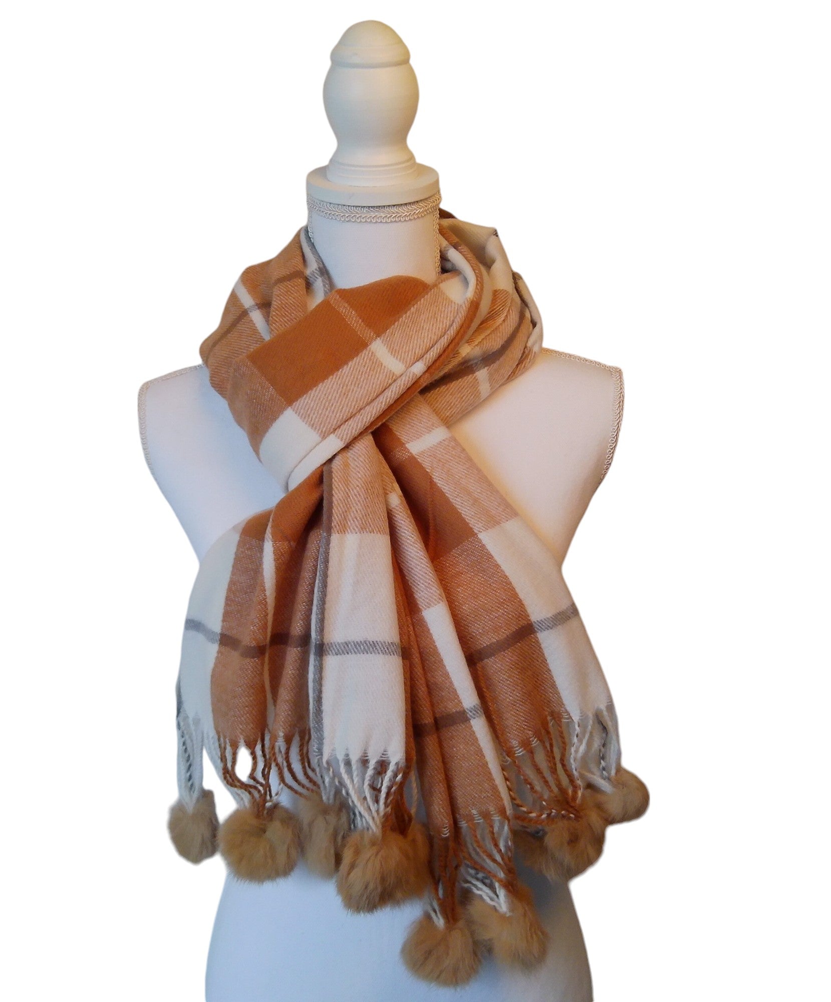 Dames Geblokte Sjaal met Pompoms Acryl Wol 70x180cm Wasbaar
