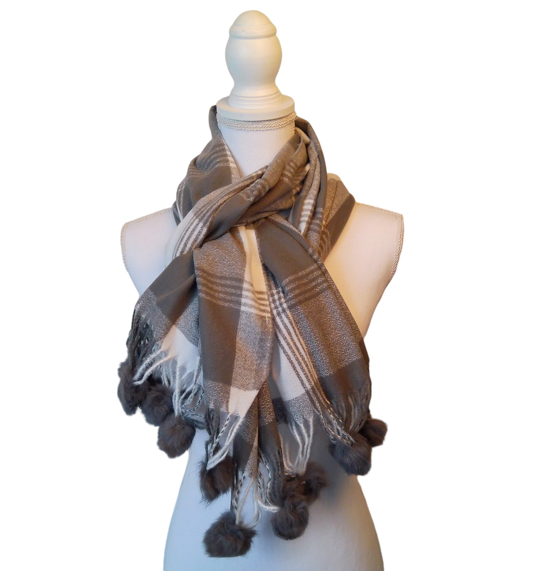 Dames Geblokte Sjaal met Pompoms Acryl Wol 70x180cm Wasbaar