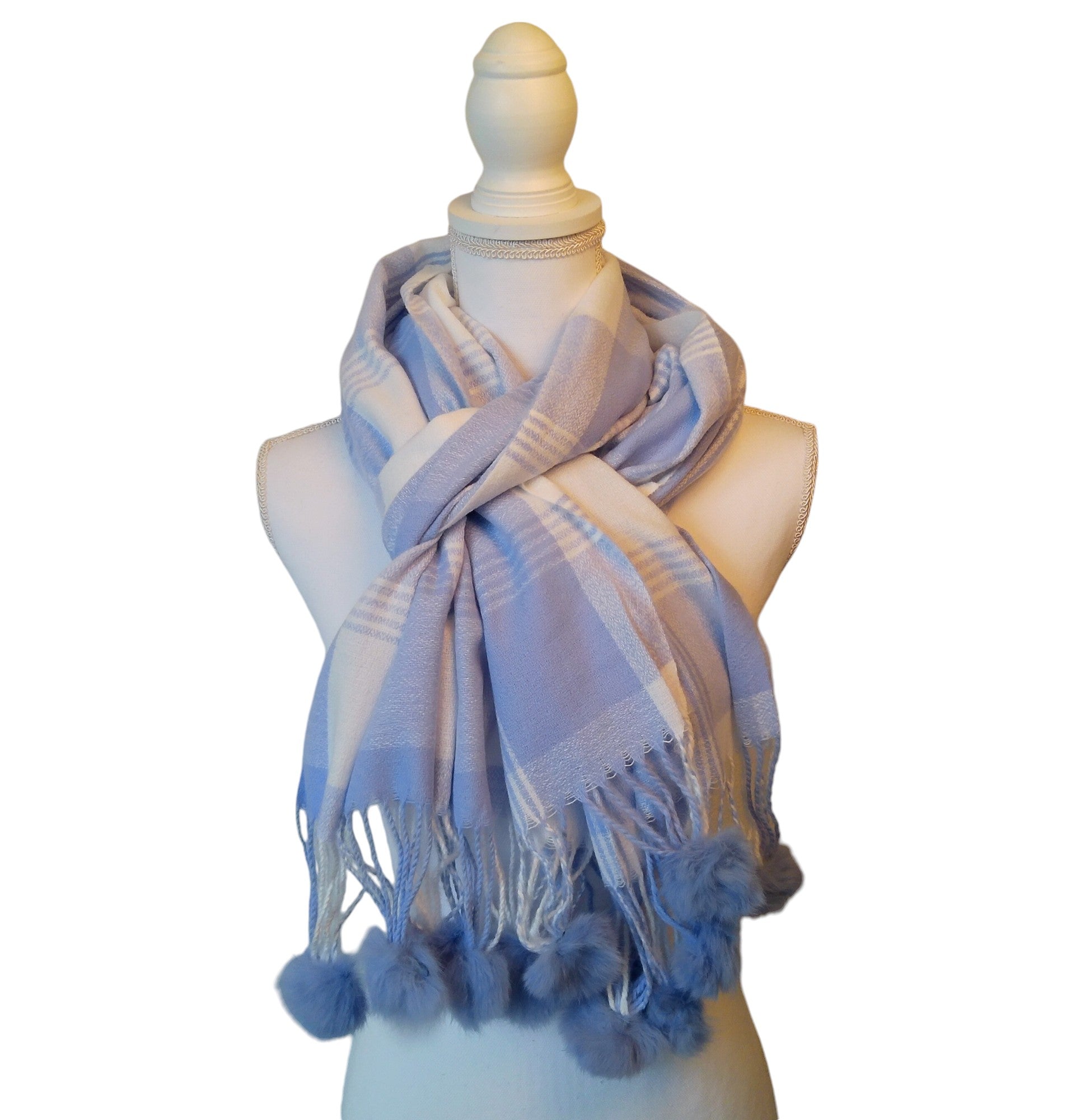 Dames Geblokte Sjaal met Pompoms Acryl Wol 70x180cm Wasbaar
