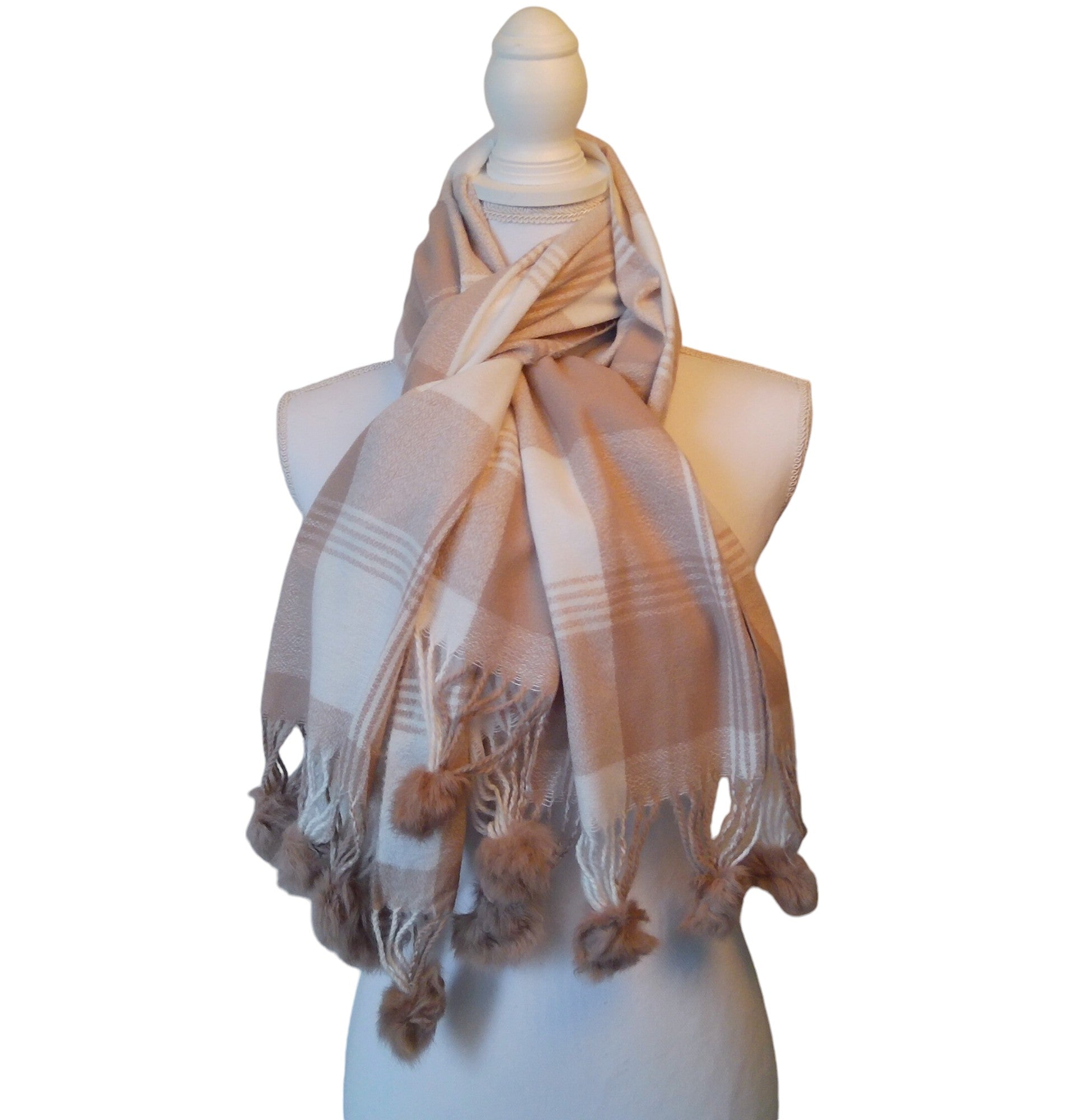 Dames Geblokte Sjaal met Pompoms Acryl Wol 70x180cm Wasbaar