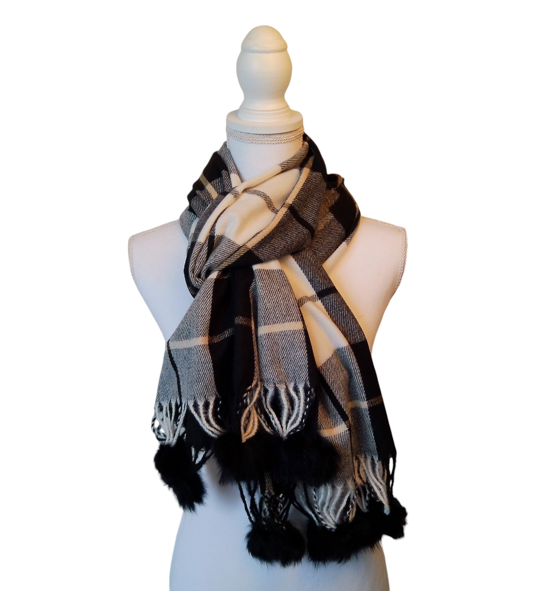 Dames Geblokte Sjaal met Pompoms Acryl Wol 70x180cm Wasbaar