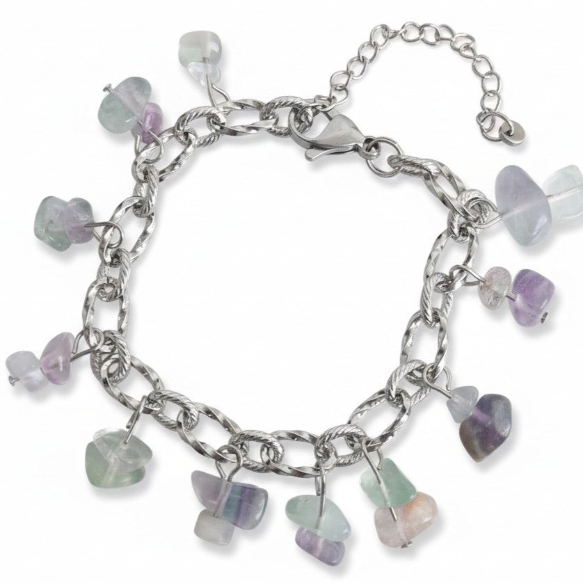 Zilveren Armband Dames RVS Ankerschakel Fluoriet Natuursteentjes Lila Groen