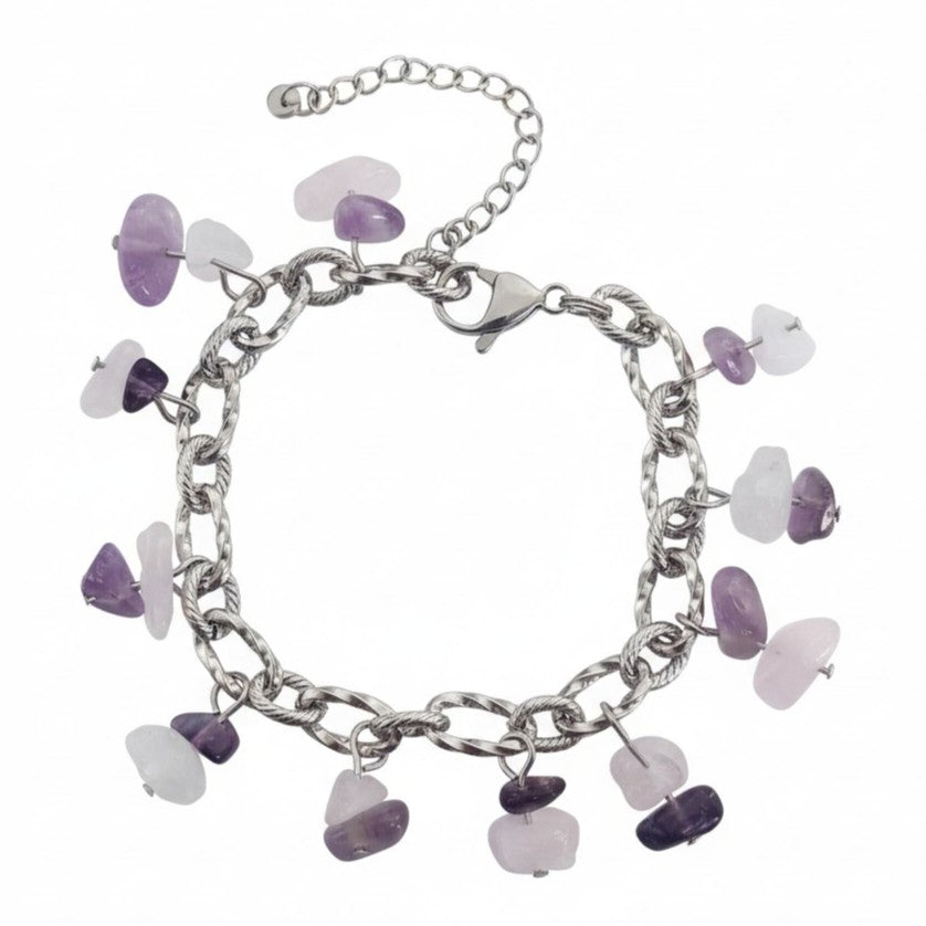 Zilveren Armband Dames RVS Ankerschakel Amethist Roze Kwarts Natuursteentjes