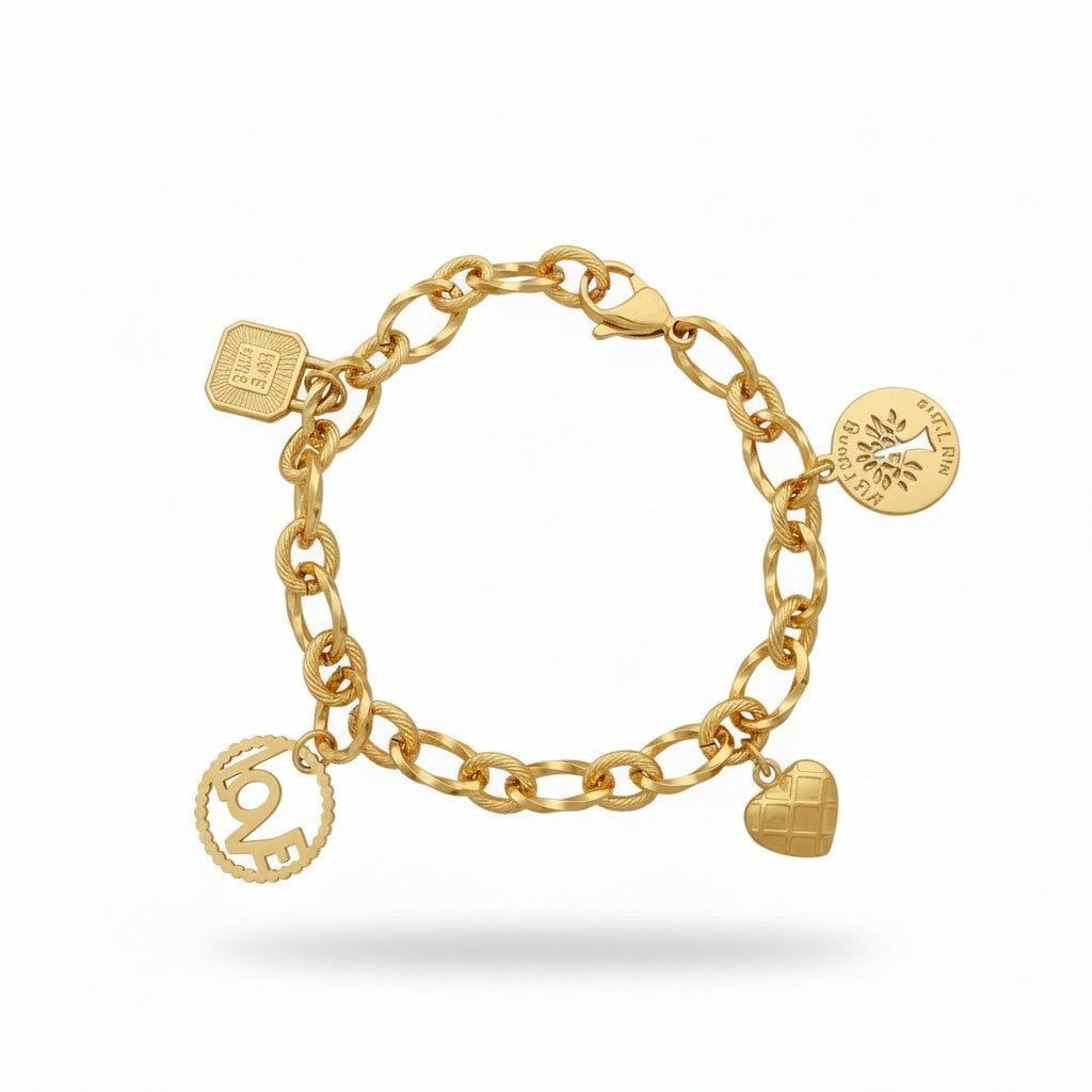 Gouden Bedel Armband Dames RVS Ankerschakel Love Hart Levensboom