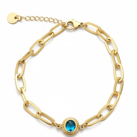 Gouden Paperclip Chain Armband Dames RVS Blauwe Edelsteen Bezel Setting