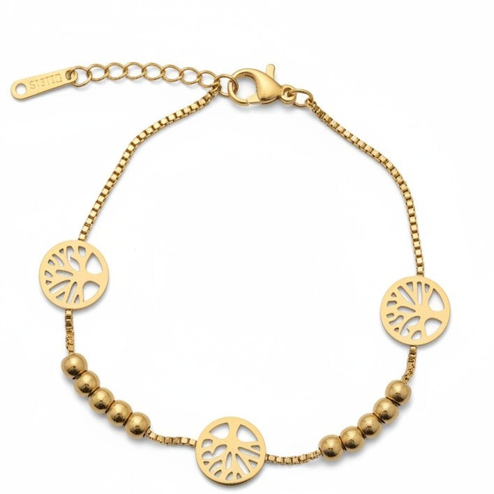 Gouden Levensboom Armband Dames RVS Family Tree Drie Medaillons Bolletjes