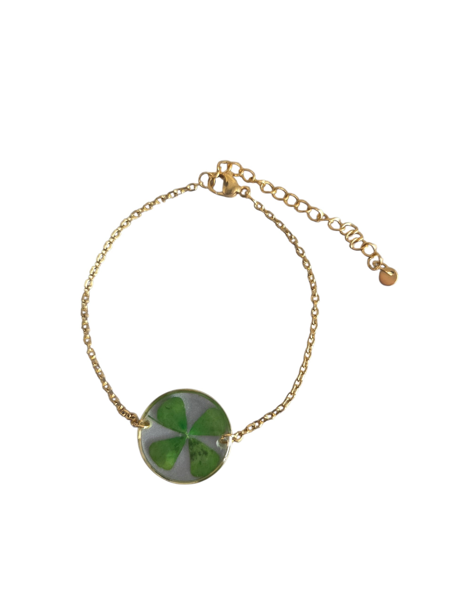 Gedroogde klavertje vier gouden armband 17+5cm