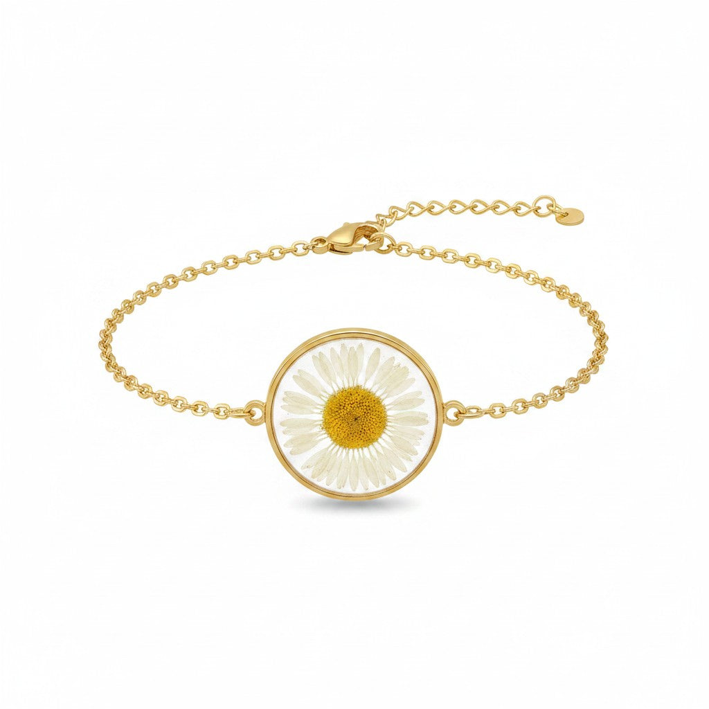Gedroogde madelief gouden armband 17+5cm