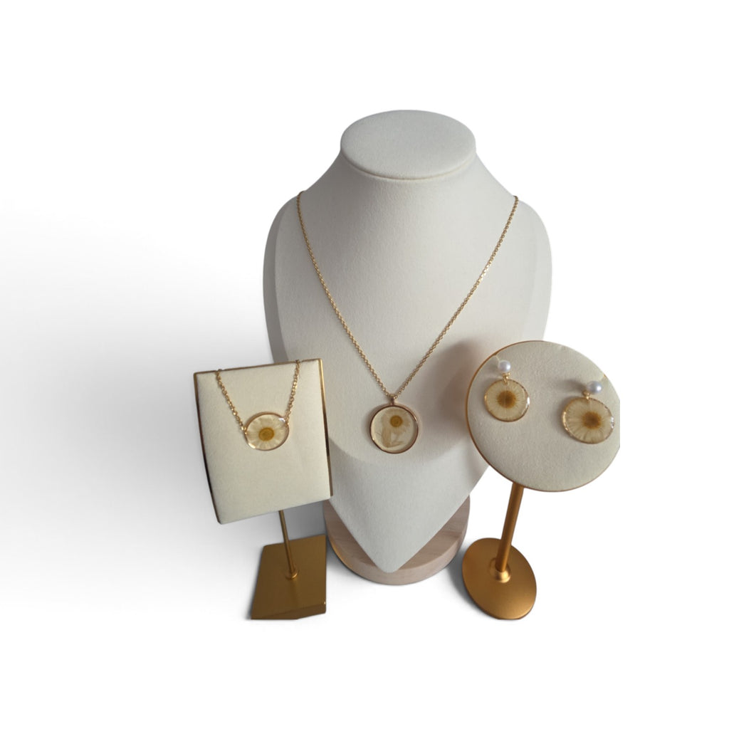 Gedroogde madelief sieradenset goud - ketting, armband en oorbellen