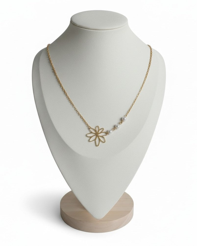 Ketting Dames RVS Open Bloem Witte Parels Schakelketting Elegant