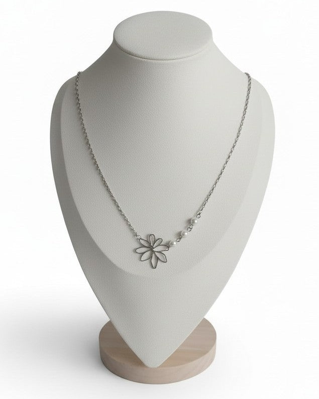 Ketting Dames RVS Open Bloem Witte Parels Schakelketting Elegant
