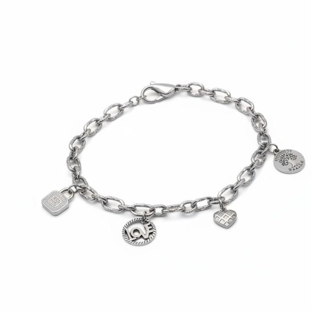 Zilveren Bedel Armband Dames RVS Ankerschakel Love Hart Levensboom