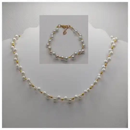Glasparels sieraden set wit goud - ketting en armband