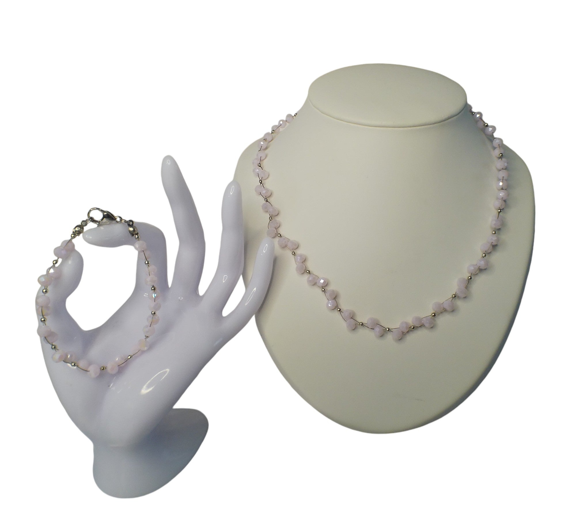 Kristalkralen sieraden set roze zilver - ketting en armband